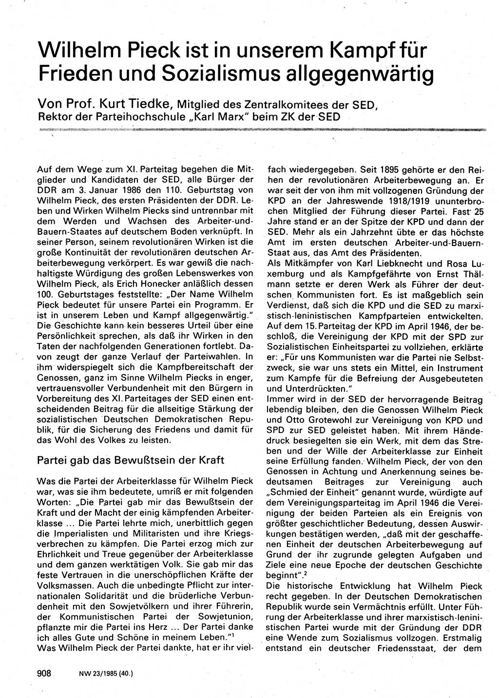 Neuer Weg (NW), Organ des Zentralkomitees (ZK) der SED (Sozialistische Einheitspartei Deutschlands) für Fragen des Parteilebens, 40. Jahrgang [Deutsche Demokratische Republik (DDR)] 1985, Seite 908 (NW ZK SED DDR 1985, S. 908)