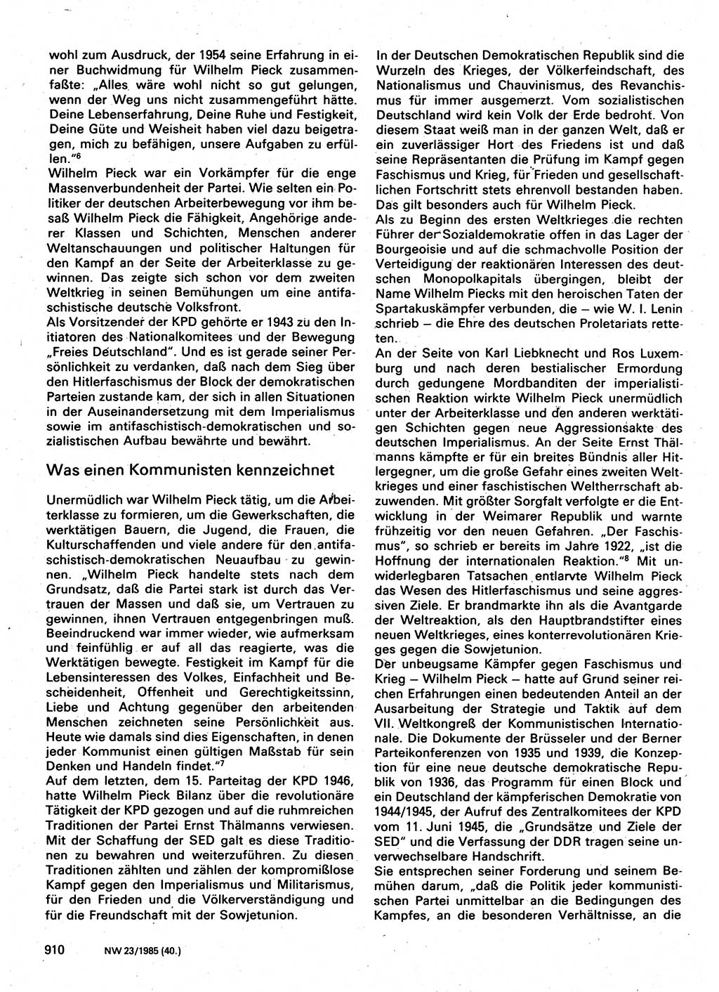 Neuer Weg (NW), Organ des Zentralkomitees (ZK) der SED (Sozialistische Einheitspartei Deutschlands) für Fragen des Parteilebens, 40. Jahrgang [Deutsche Demokratische Republik (DDR)] 1985, Seite 910 (NW ZK SED DDR 1985, S. 910)