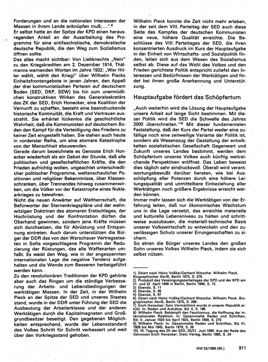 Neuer Weg (NW), Organ des Zentralkomitees (ZK) der SED (Sozialistische Einheitspartei Deutschlands) für Fragen des Parteilebens, 40. Jahrgang [Deutsche Demokratische Republik (DDR)] 1985, Seite 911 (NW ZK SED DDR 1985, S. 911)