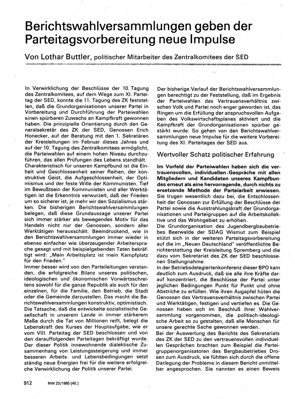 Neuer Weg (NW), Organ des Zentralkomitees (ZK) der SED (Sozialistische Einheitspartei Deutschlands) für Fragen des Parteilebens, 40. Jahrgang [Deutsche Demokratische Republik (DDR)] 1985, Seite 912 (NW ZK SED DDR 1985, S. 912)