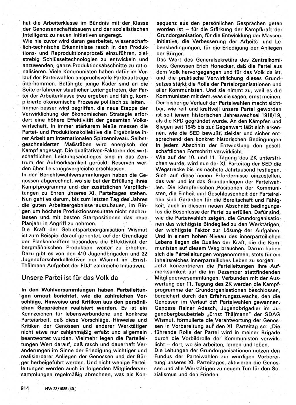 Neuer Weg (NW), Organ des Zentralkomitees (ZK) der SED (Sozialistische Einheitspartei Deutschlands) für Fragen des Parteilebens, 40. Jahrgang [Deutsche Demokratische Republik (DDR)] 1985, Seite 914 (NW ZK SED DDR 1985, S. 914)