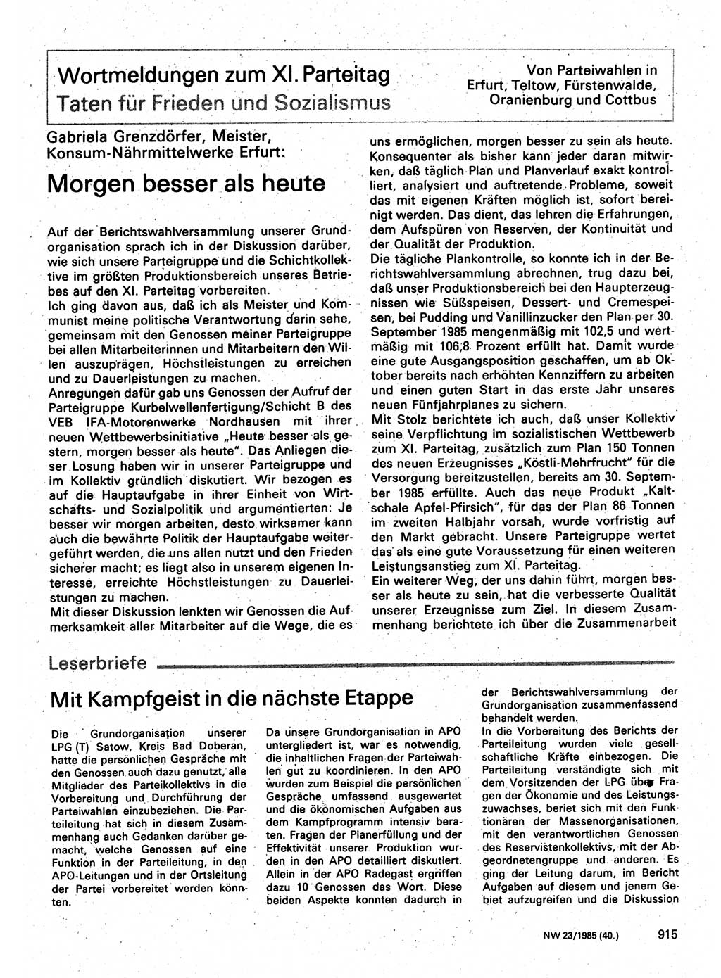 Neuer Weg (NW), Organ des Zentralkomitees (ZK) der SED (Sozialistische Einheitspartei Deutschlands) für Fragen des Parteilebens, 40. Jahrgang [Deutsche Demokratische Republik (DDR)] 1985, Seite 915 (NW ZK SED DDR 1985, S. 915)