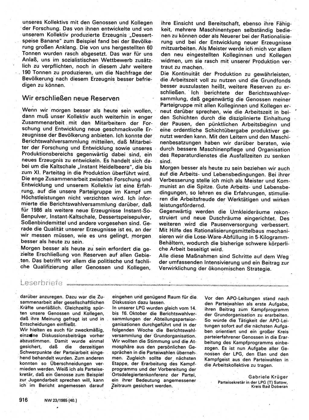 Neuer Weg (NW), Organ des Zentralkomitees (ZK) der SED (Sozialistische Einheitspartei Deutschlands) für Fragen des Parteilebens, 40. Jahrgang [Deutsche Demokratische Republik (DDR)] 1985, Seite 916 (NW ZK SED DDR 1985, S. 916)