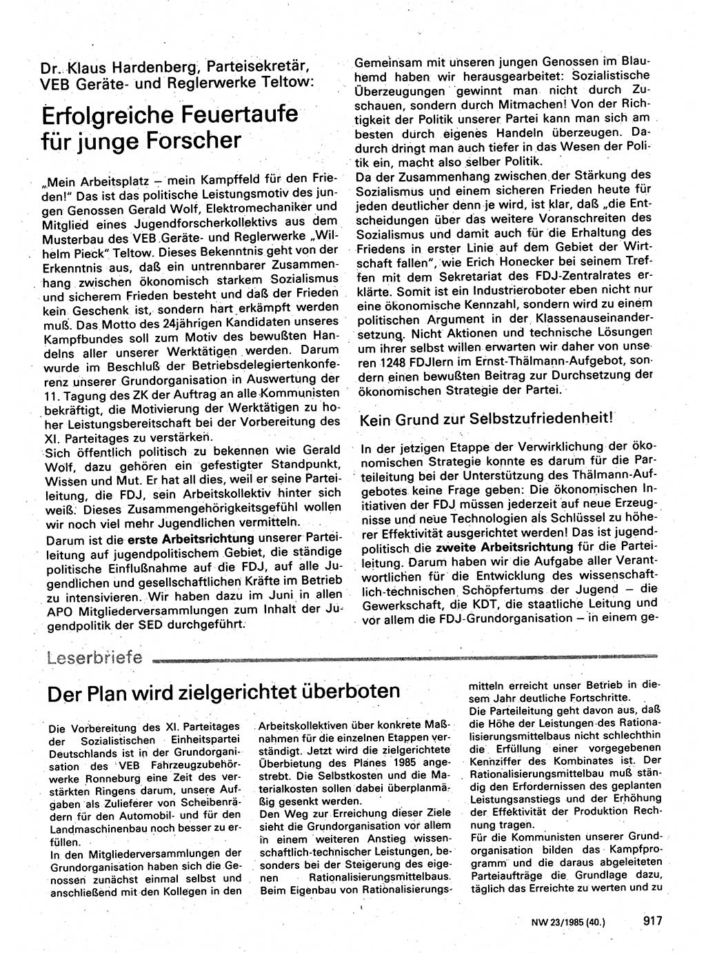 Neuer Weg (NW), Organ des Zentralkomitees (ZK) der SED (Sozialistische Einheitspartei Deutschlands) für Fragen des Parteilebens, 40. Jahrgang [Deutsche Demokratische Republik (DDR)] 1985, Seite 917 (NW ZK SED DDR 1985, S. 917)