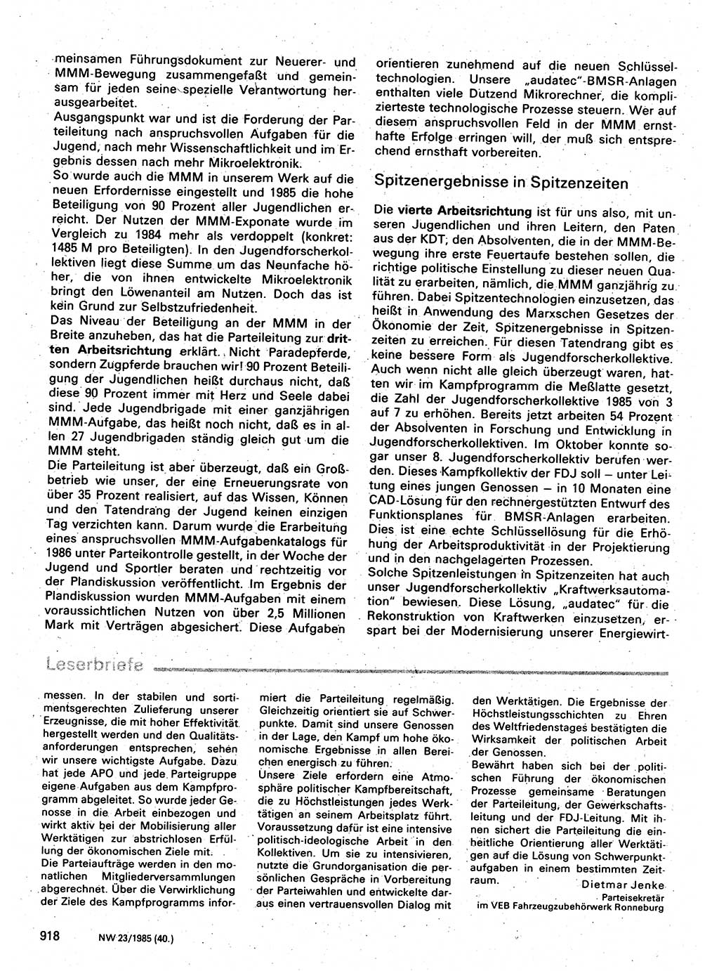 Neuer Weg (NW), Organ des Zentralkomitees (ZK) der SED (Sozialistische Einheitspartei Deutschlands) für Fragen des Parteilebens, 40. Jahrgang [Deutsche Demokratische Republik (DDR)] 1985, Seite 918 (NW ZK SED DDR 1985, S. 918)