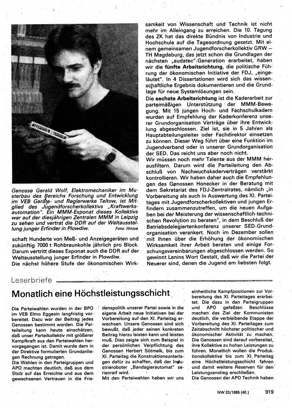 Neuer Weg (NW), Organ des Zentralkomitees (ZK) der SED (Sozialistische Einheitspartei Deutschlands) für Fragen des Parteilebens, 40. Jahrgang [Deutsche Demokratische Republik (DDR)] 1985, Seite 919 (NW ZK SED DDR 1985, S. 919)