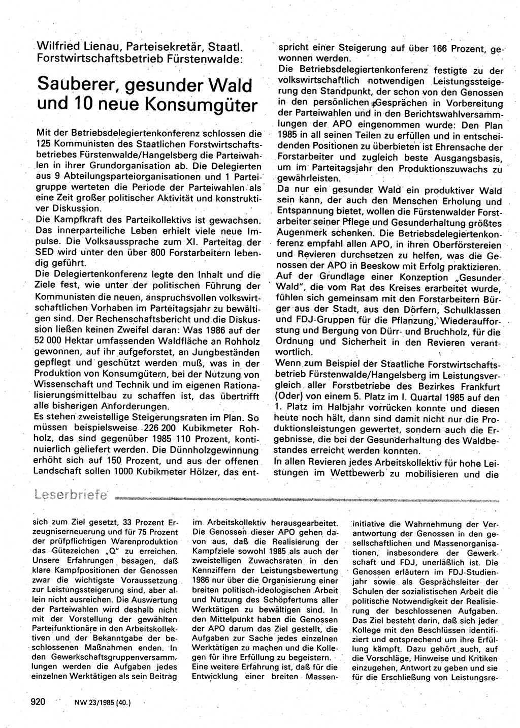 Neuer Weg (NW), Organ des Zentralkomitees (ZK) der SED (Sozialistische Einheitspartei Deutschlands) für Fragen des Parteilebens, 40. Jahrgang [Deutsche Demokratische Republik (DDR)] 1985, Seite 920 (NW ZK SED DDR 1985, S. 920)
