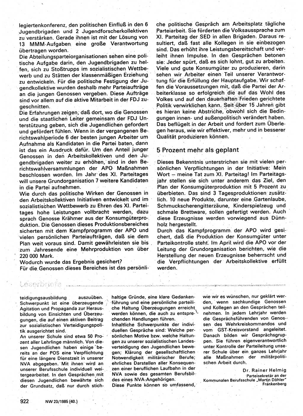 Neuer Weg (NW), Organ des Zentralkomitees (ZK) der SED (Sozialistische Einheitspartei Deutschlands) fÃ¼r Fragen des Parteilebens, 40. Jahrgang [Deutsche Demokratische Republik (DDR)] 1985, Seite 922 (NW ZK SED DDR 1985, S. 922)