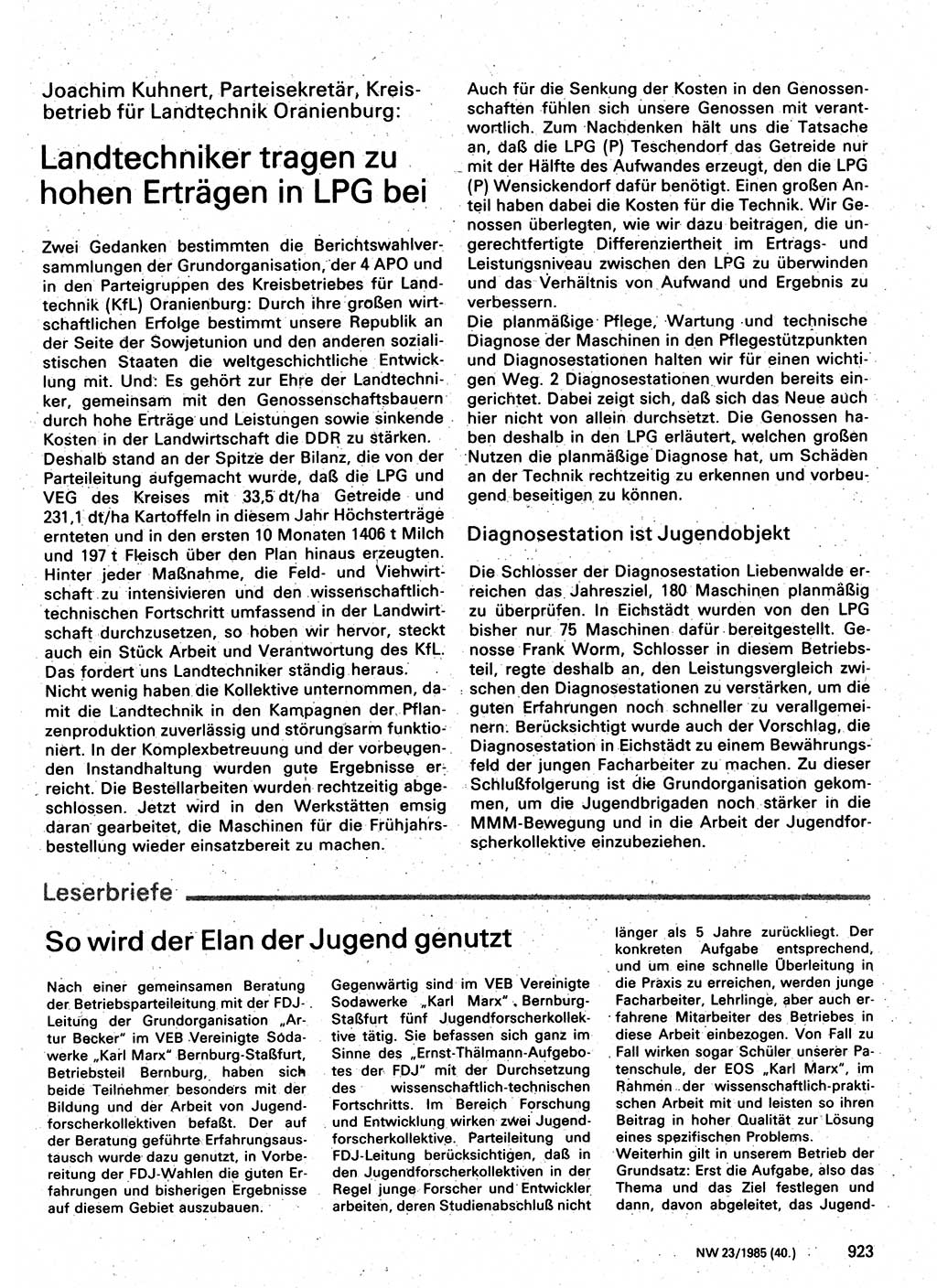 Neuer Weg (NW), Organ des Zentralkomitees (ZK) der SED (Sozialistische Einheitspartei Deutschlands) für Fragen des Parteilebens, 40. Jahrgang [Deutsche Demokratische Republik (DDR)] 1985, Seite 923 (NW ZK SED DDR 1985, S. 923)