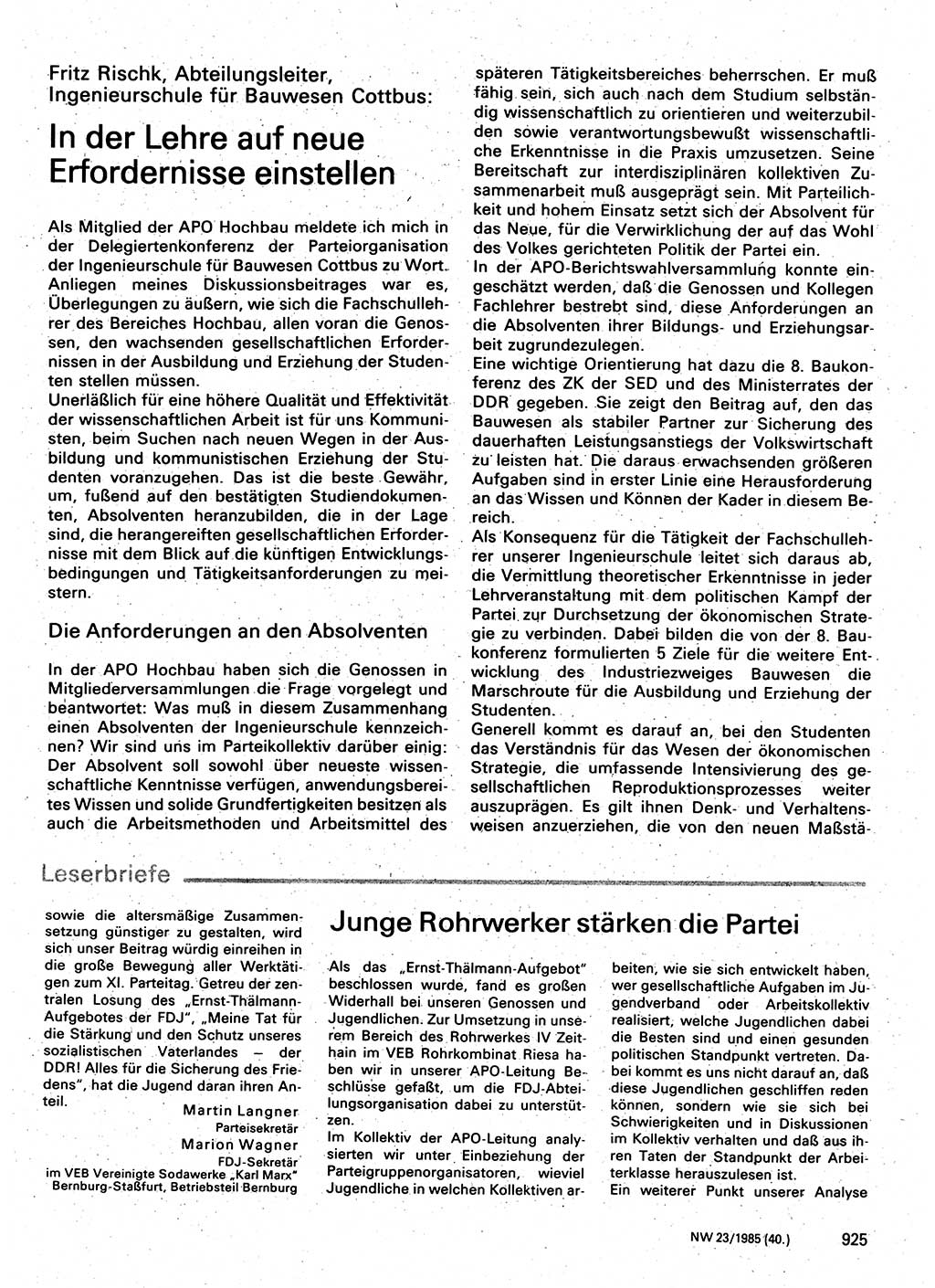 Neuer Weg (NW), Organ des Zentralkomitees (ZK) der SED (Sozialistische Einheitspartei Deutschlands) für Fragen des Parteilebens, 40. Jahrgang [Deutsche Demokratische Republik (DDR)] 1985, Seite 925 (NW ZK SED DDR 1985, S. 925)