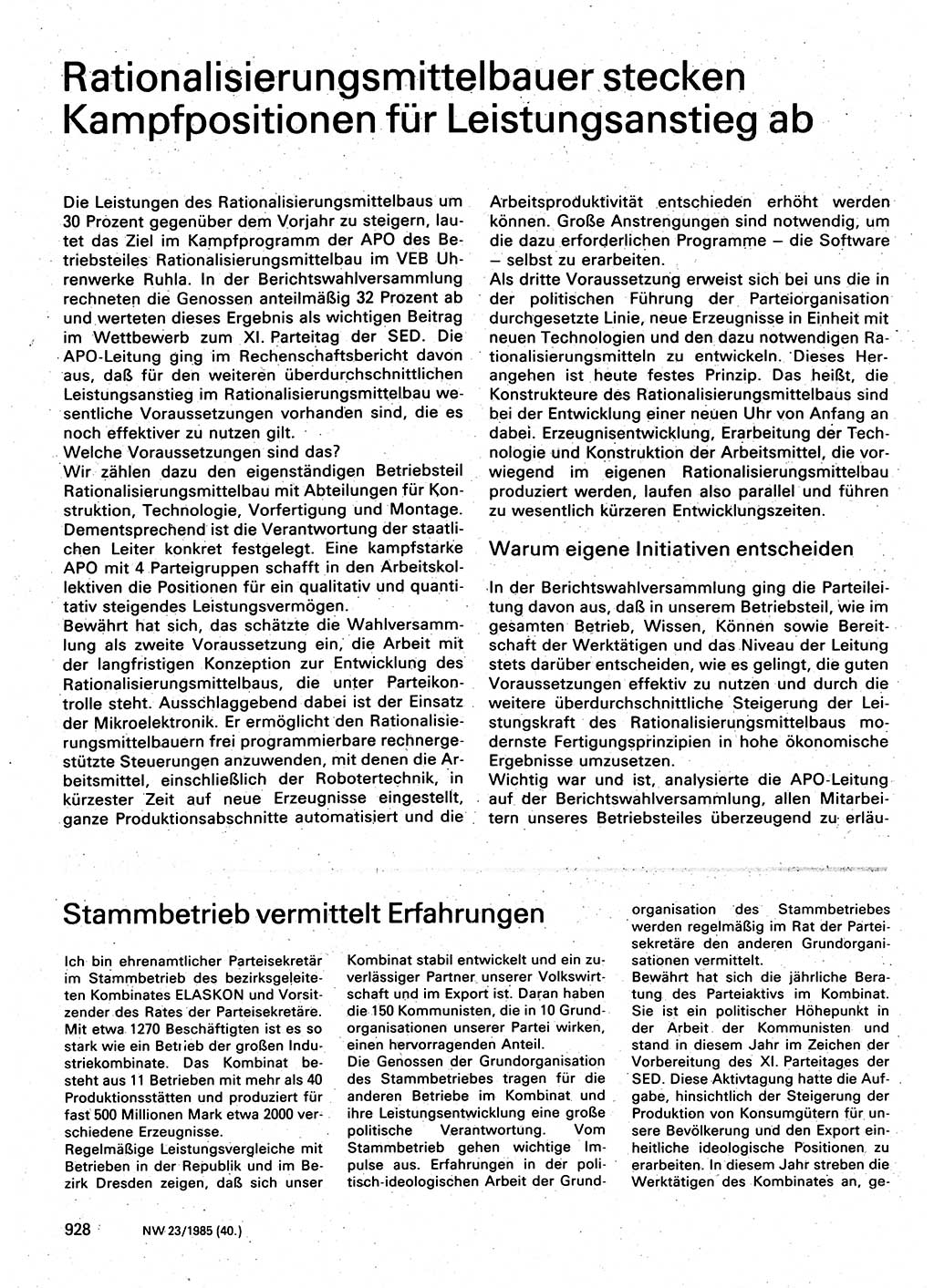 Neuer Weg (NW), Organ des Zentralkomitees (ZK) der SED (Sozialistische Einheitspartei Deutschlands) für Fragen des Parteilebens, 40. Jahrgang [Deutsche Demokratische Republik (DDR)] 1985, Seite 928 (NW ZK SED DDR 1985, S. 928)