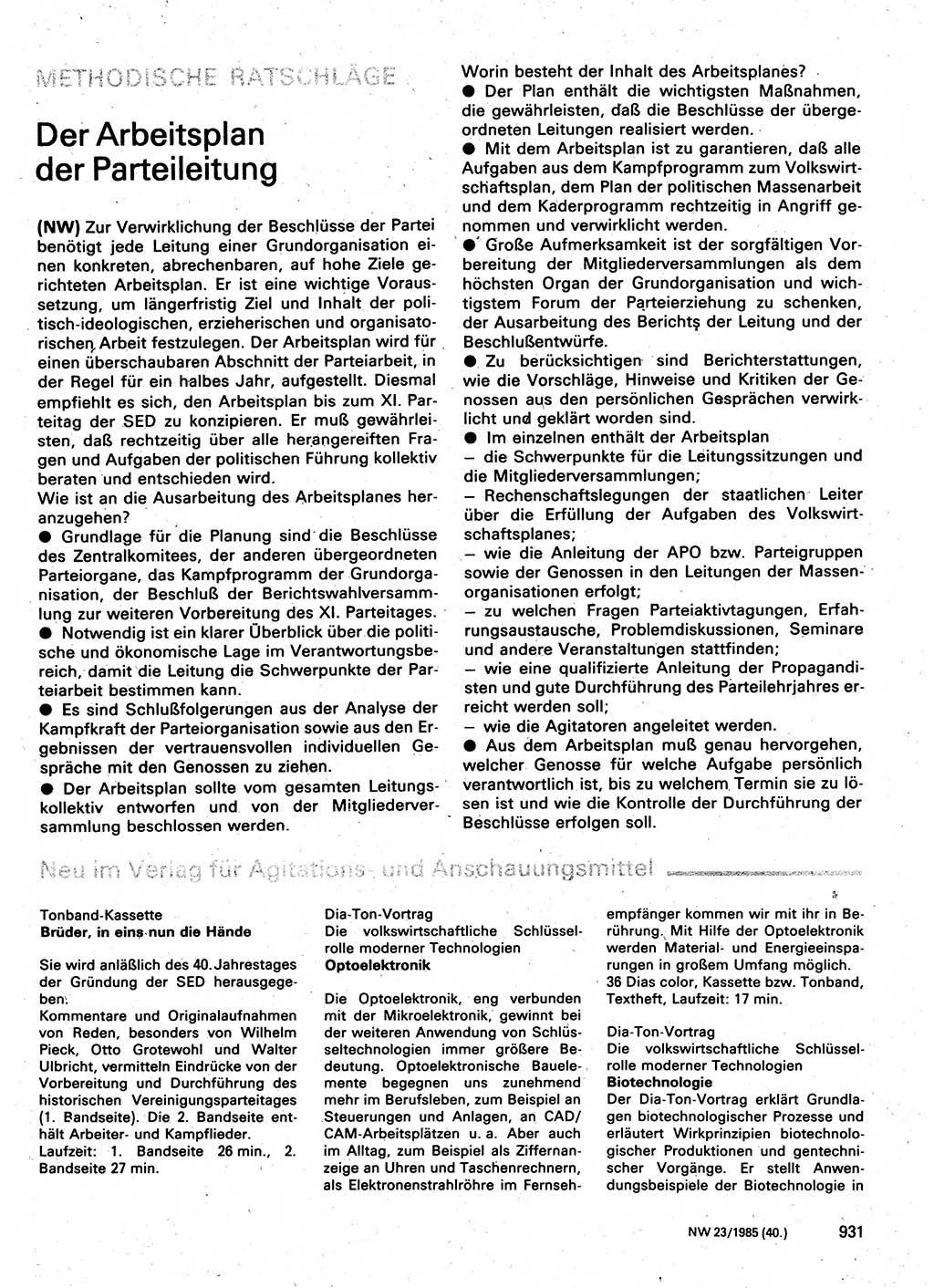 Neuer Weg (NW), Organ des Zentralkomitees (ZK) der SED (Sozialistische Einheitspartei Deutschlands) für Fragen des Parteilebens, 40. Jahrgang [Deutsche Demokratische Republik (DDR)] 1985, Seite 931 (NW ZK SED DDR 1985, S. 931)