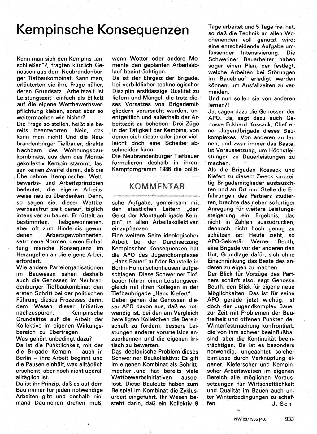 Neuer Weg (NW), Organ des Zentralkomitees (ZK) der SED (Sozialistische Einheitspartei Deutschlands) für Fragen des Parteilebens, 40. Jahrgang [Deutsche Demokratische Republik (DDR)] 1985, Seite 933 (NW ZK SED DDR 1985, S. 933)