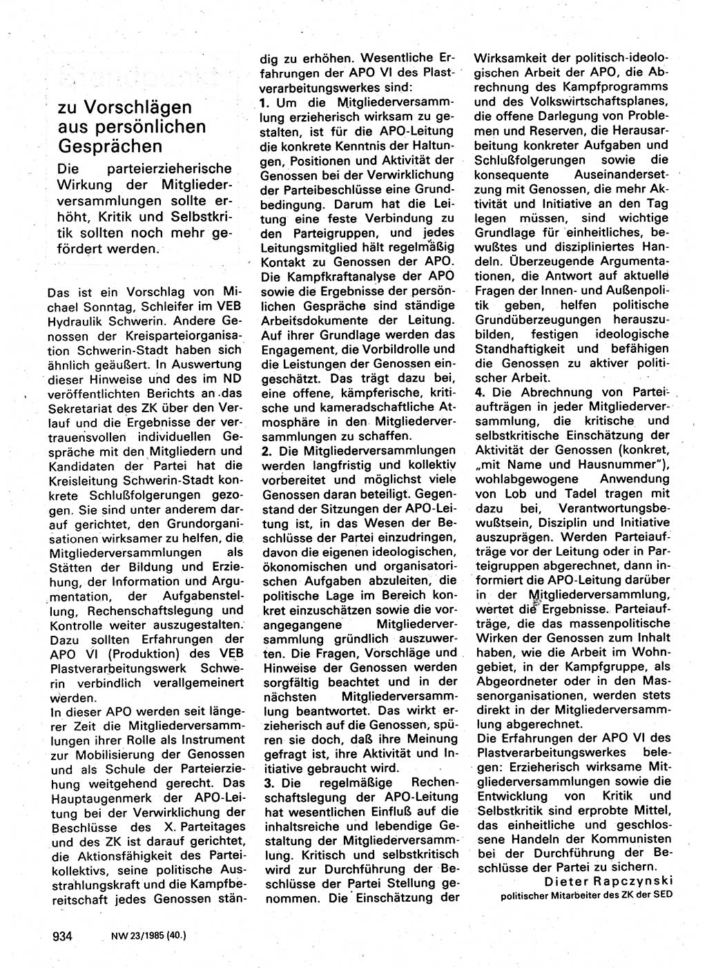 Neuer Weg (NW), Organ des Zentralkomitees (ZK) der SED (Sozialistische Einheitspartei Deutschlands) für Fragen des Parteilebens, 40. Jahrgang [Deutsche Demokratische Republik (DDR)] 1985, Seite 934 (NW ZK SED DDR 1985, S. 934)