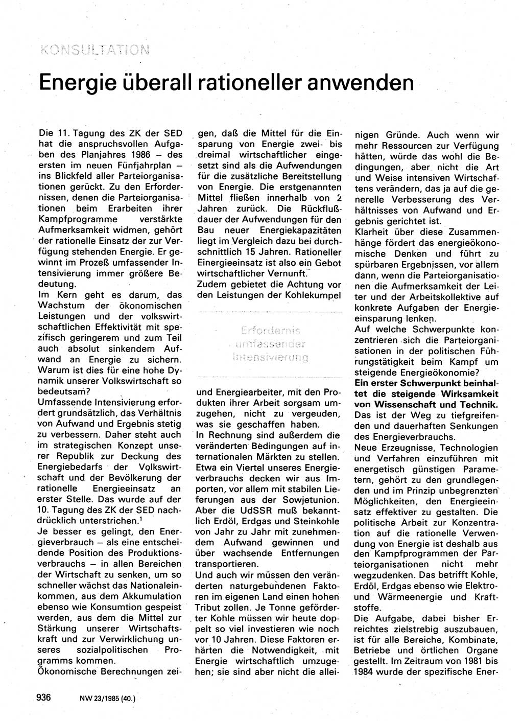 Neuer Weg (NW), Organ des Zentralkomitees (ZK) der SED (Sozialistische Einheitspartei Deutschlands) für Fragen des Parteilebens, 40. Jahrgang [Deutsche Demokratische Republik (DDR)] 1985, Seite 936 (NW ZK SED DDR 1985, S. 936)