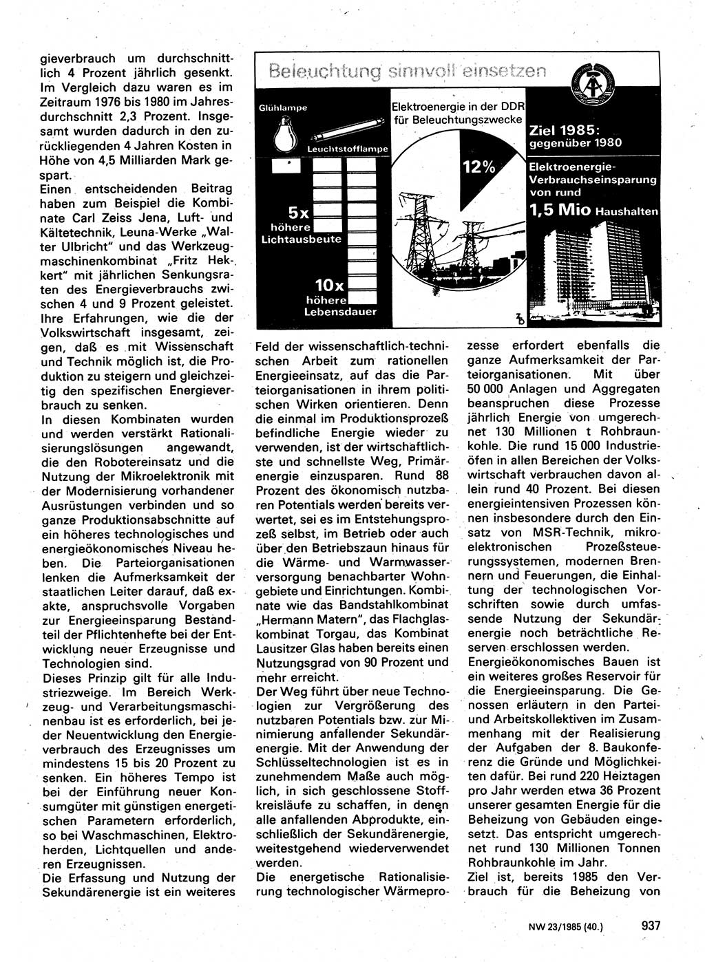 Neuer Weg (NW), Organ des Zentralkomitees (ZK) der SED (Sozialistische Einheitspartei Deutschlands) für Fragen des Parteilebens, 40. Jahrgang [Deutsche Demokratische Republik (DDR)] 1985, Seite 937 (NW ZK SED DDR 1985, S. 937)
