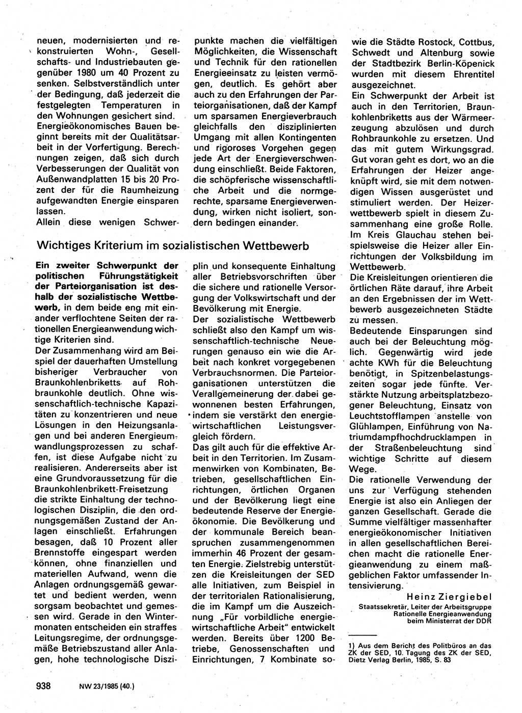 Neuer Weg (NW), Organ des Zentralkomitees (ZK) der SED (Sozialistische Einheitspartei Deutschlands) für Fragen des Parteilebens, 40. Jahrgang [Deutsche Demokratische Republik (DDR)] 1985, Seite 938 (NW ZK SED DDR 1985, S. 938)