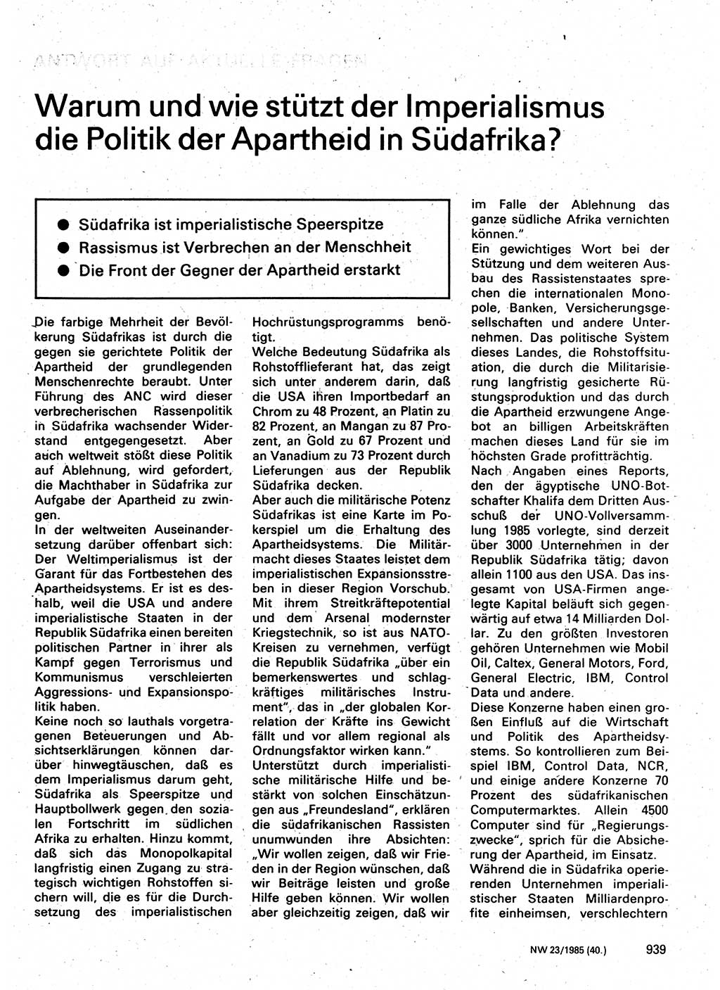 Neuer Weg (NW), Organ des Zentralkomitees (ZK) der SED (Sozialistische Einheitspartei Deutschlands) für Fragen des Parteilebens, 40. Jahrgang [Deutsche Demokratische Republik (DDR)] 1985, Seite 939 (NW ZK SED DDR 1985, S. 939)