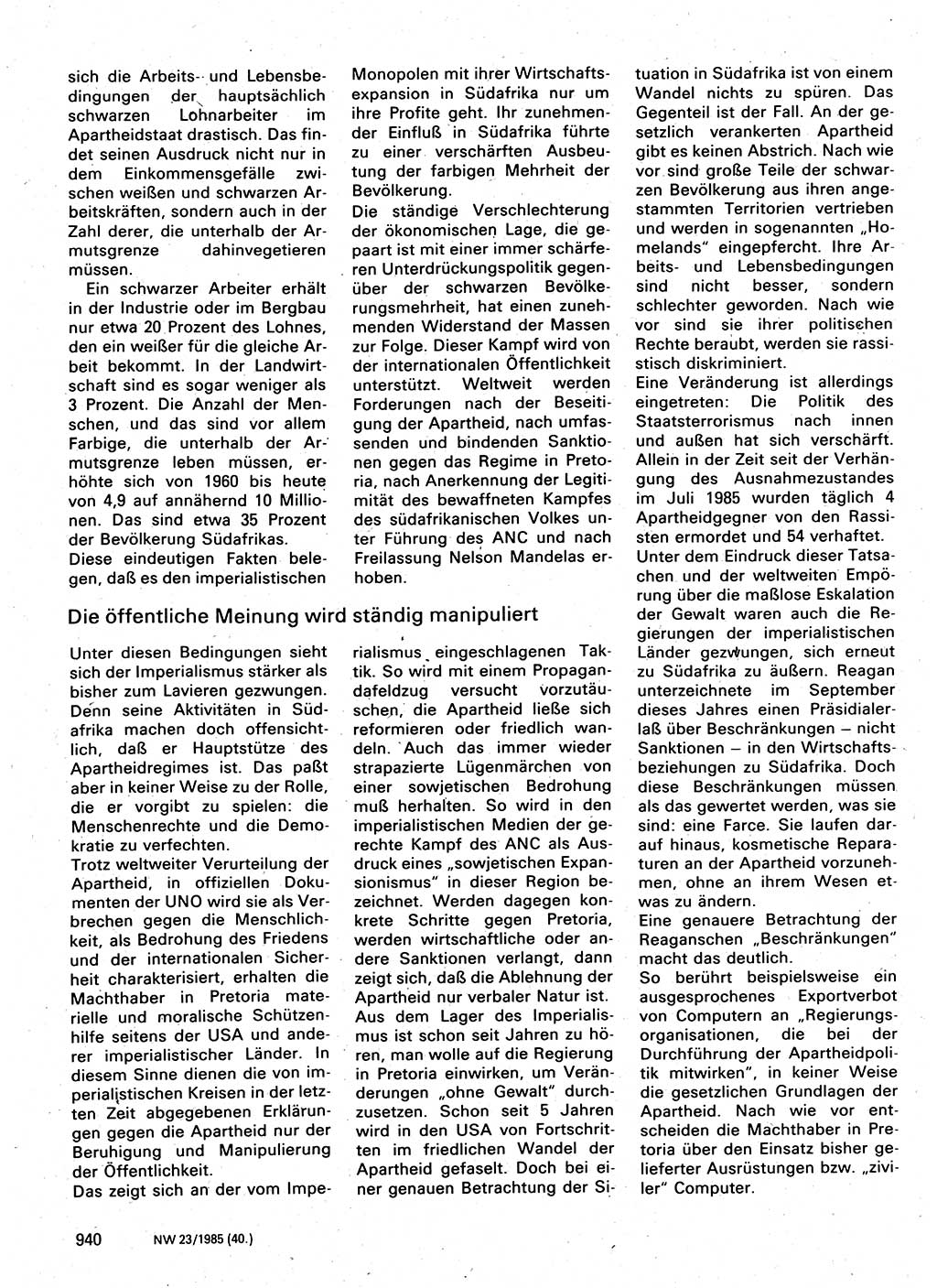 Neuer Weg (NW), Organ des Zentralkomitees (ZK) der SED (Sozialistische Einheitspartei Deutschlands) für Fragen des Parteilebens, 40. Jahrgang [Deutsche Demokratische Republik (DDR)] 1985, Seite 940 (NW ZK SED DDR 1985, S. 940)