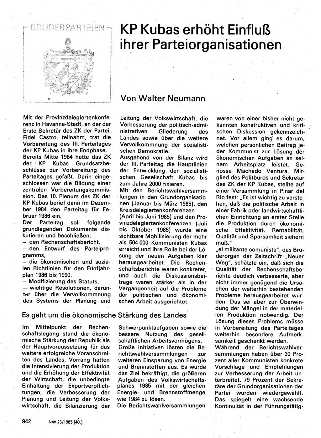 Neuer Weg (NW), Organ des Zentralkomitees (ZK) der SED (Sozialistische Einheitspartei Deutschlands) für Fragen des Parteilebens, 40. Jahrgang [Deutsche Demokratische Republik (DDR)] 1985, Seite 942 (NW ZK SED DDR 1985, S. 942)