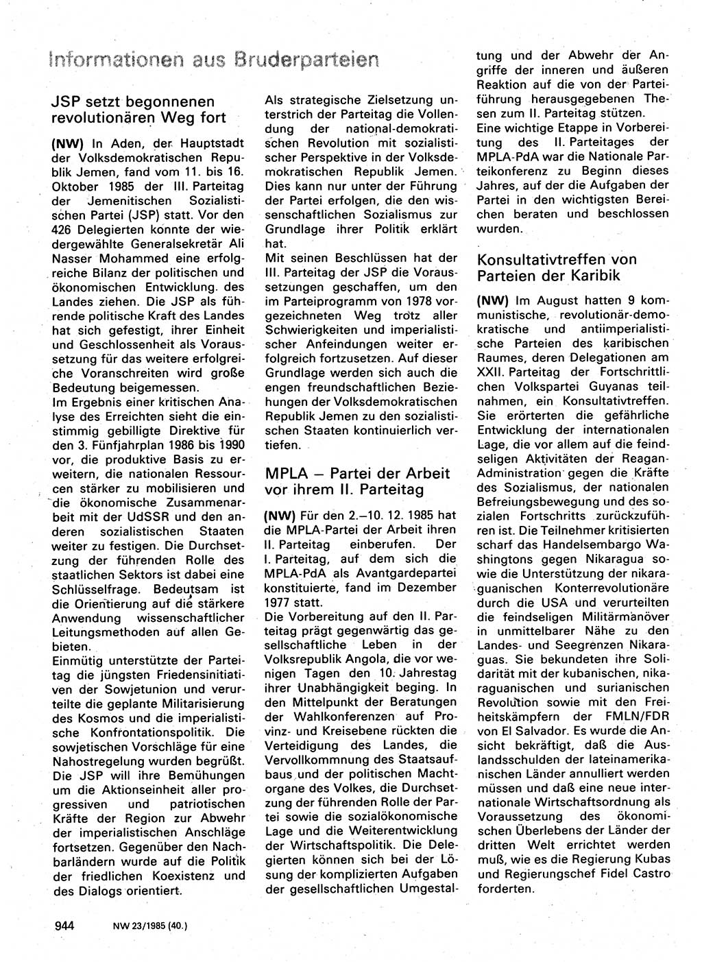 Neuer Weg (NW), Organ des Zentralkomitees (ZK) der SED (Sozialistische Einheitspartei Deutschlands) für Fragen des Parteilebens, 40. Jahrgang [Deutsche Demokratische Republik (DDR)] 1985, Seite 944 (NW ZK SED DDR 1985, S. 944)