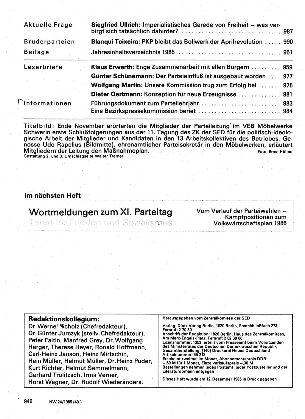 Neuer Weg (NW), Organ des Zentralkomitees (ZK) der SED (Sozialistische Einheitspartei Deutschlands) für Fragen des Parteilebens, 40. Jahrgang [Deutsche Demokratische Republik (DDR)] 1985, Seite 946 (NW ZK SED DDR 1985, S. 946)