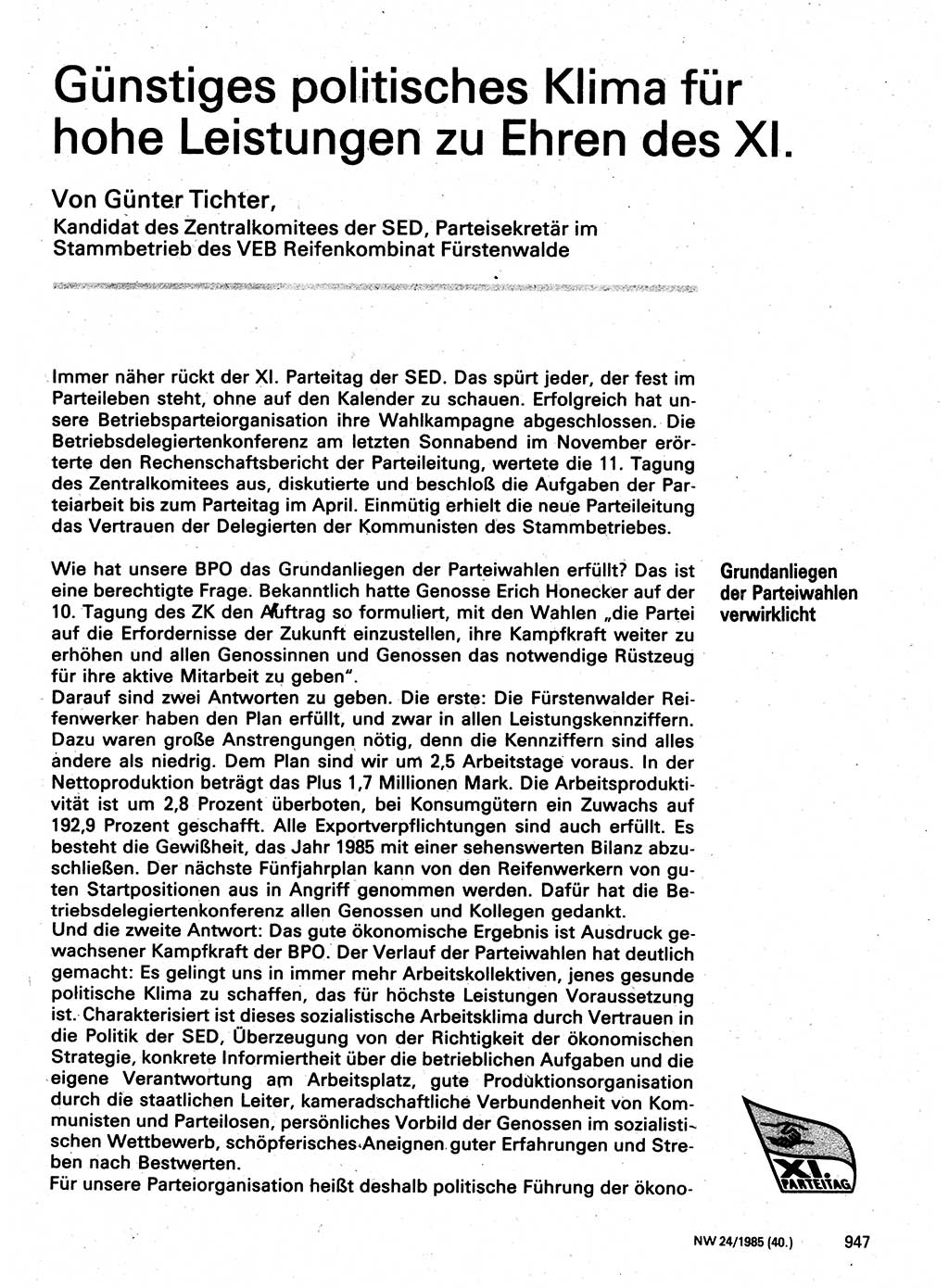 Neuer Weg (NW), Organ des Zentralkomitees (ZK) der SED (Sozialistische Einheitspartei Deutschlands) für Fragen des Parteilebens, 40. Jahrgang [Deutsche Demokratische Republik (DDR)] 1985, Seite 947 (NW ZK SED DDR 1985, S. 947)