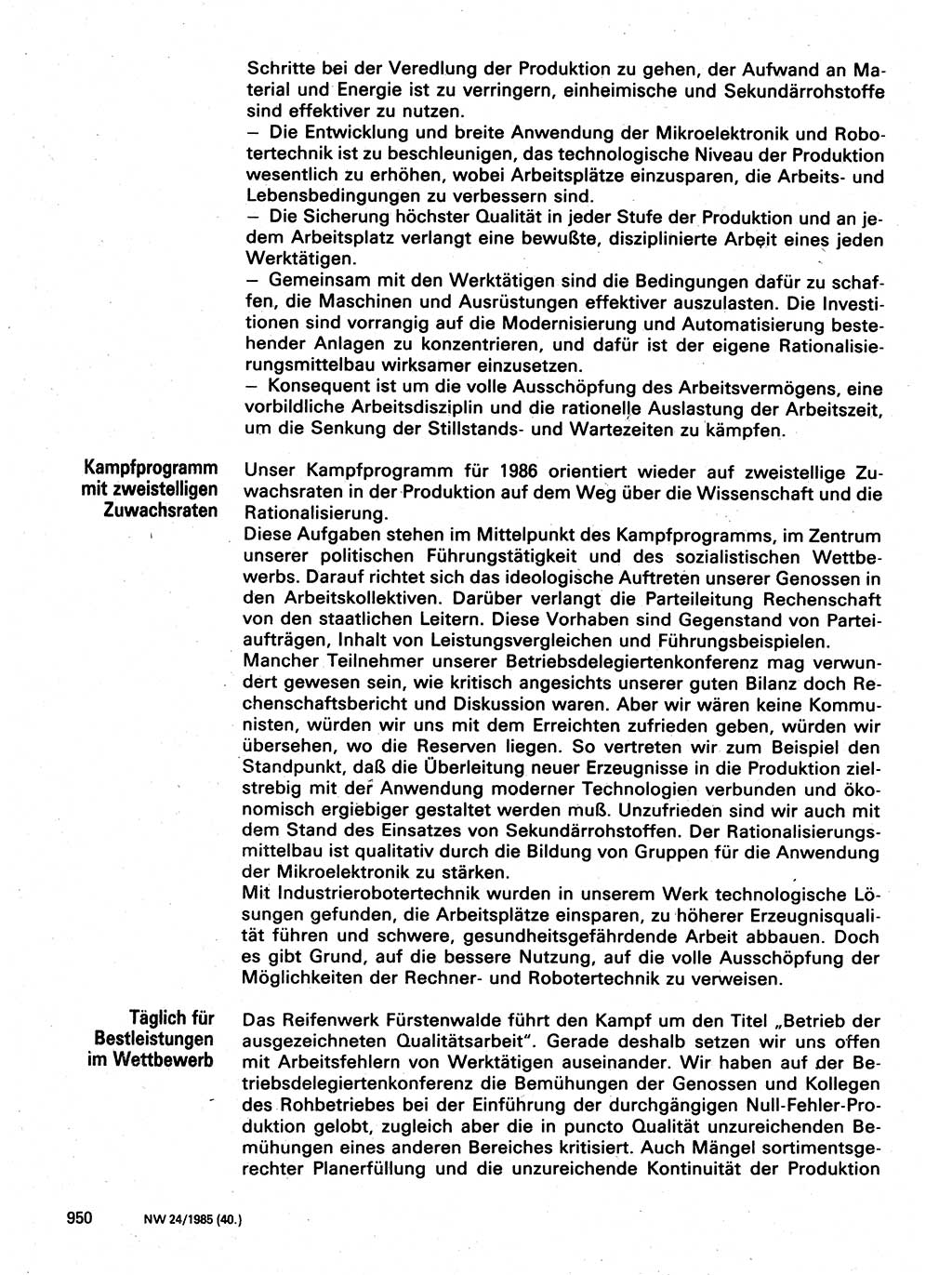 Neuer Weg (NW), Organ des Zentralkomitees (ZK) der SED (Sozialistische Einheitspartei Deutschlands) für Fragen des Parteilebens, 40. Jahrgang [Deutsche Demokratische Republik (DDR)] 1985, Seite 950 (NW ZK SED DDR 1985, S. 950)