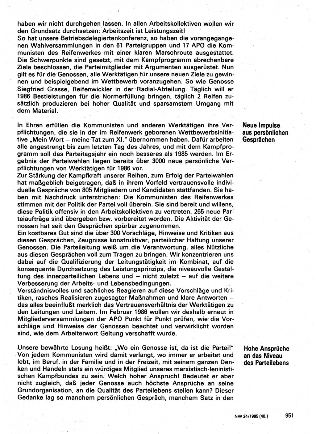 Neuer Weg (NW), Organ des Zentralkomitees (ZK) der SED (Sozialistische Einheitspartei Deutschlands) für Fragen des Parteilebens, 40. Jahrgang [Deutsche Demokratische Republik (DDR)] 1985, Seite 951 (NW ZK SED DDR 1985, S. 951)