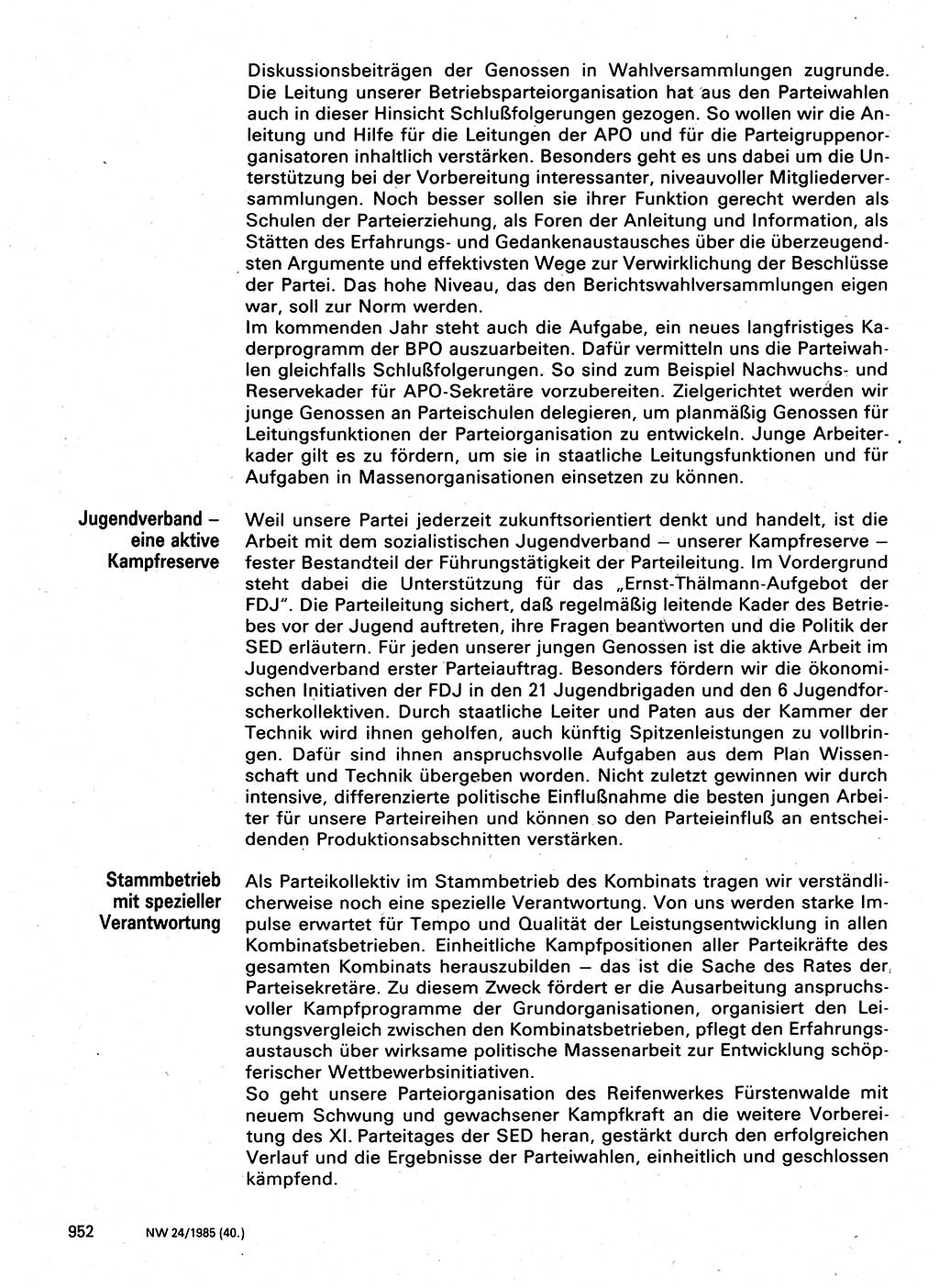 Neuer Weg (NW), Organ des Zentralkomitees (ZK) der SED (Sozialistische Einheitspartei Deutschlands) für Fragen des Parteilebens, 40. Jahrgang [Deutsche Demokratische Republik (DDR)] 1985, Seite 952 (NW ZK SED DDR 1985, S. 952)