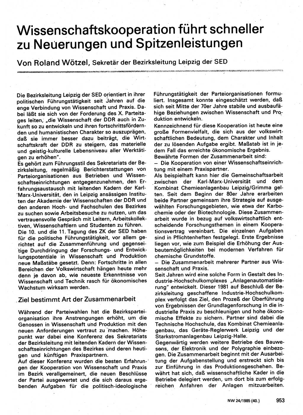 Neuer Weg (NW), Organ des Zentralkomitees (ZK) der SED (Sozialistische Einheitspartei Deutschlands) für Fragen des Parteilebens, 40. Jahrgang [Deutsche Demokratische Republik (DDR)] 1985, Seite 953 (NW ZK SED DDR 1985, S. 953)
