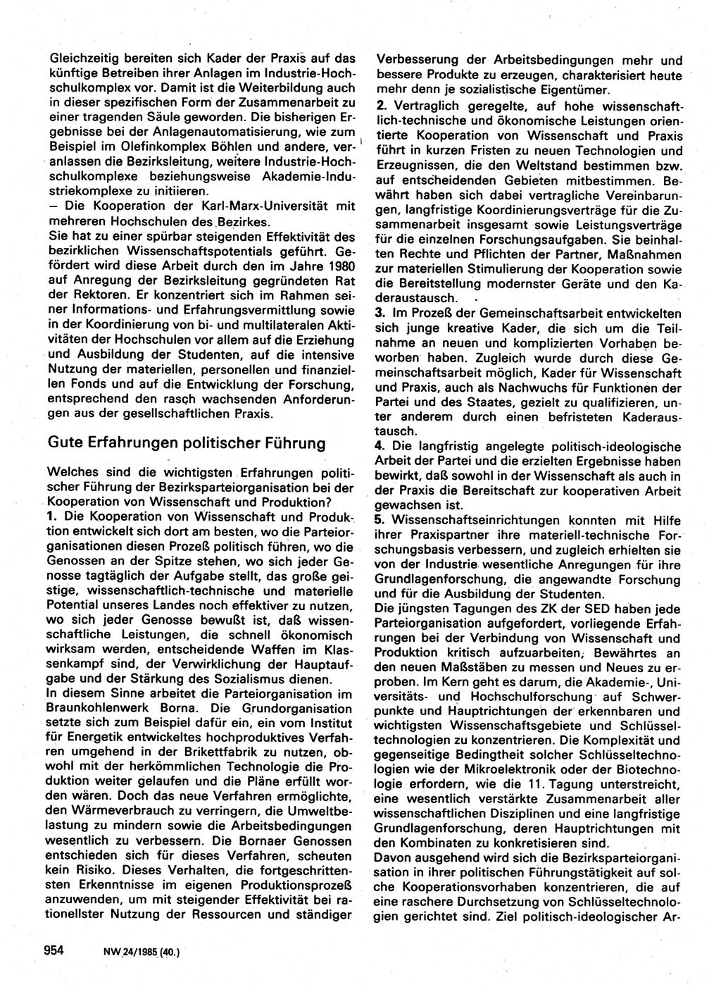 Neuer Weg (NW), Organ des Zentralkomitees (ZK) der SED (Sozialistische Einheitspartei Deutschlands) für Fragen des Parteilebens, 40. Jahrgang [Deutsche Demokratische Republik (DDR)] 1985, Seite 954 (NW ZK SED DDR 1985, S. 954)