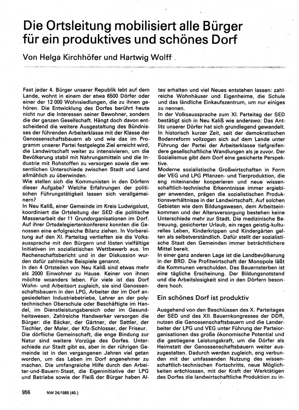 Neuer Weg (NW), Organ des Zentralkomitees (ZK) der SED (Sozialistische Einheitspartei Deutschlands) für Fragen des Parteilebens, 40. Jahrgang [Deutsche Demokratische Republik (DDR)] 1985, Seite 956 (NW ZK SED DDR 1985, S. 956)