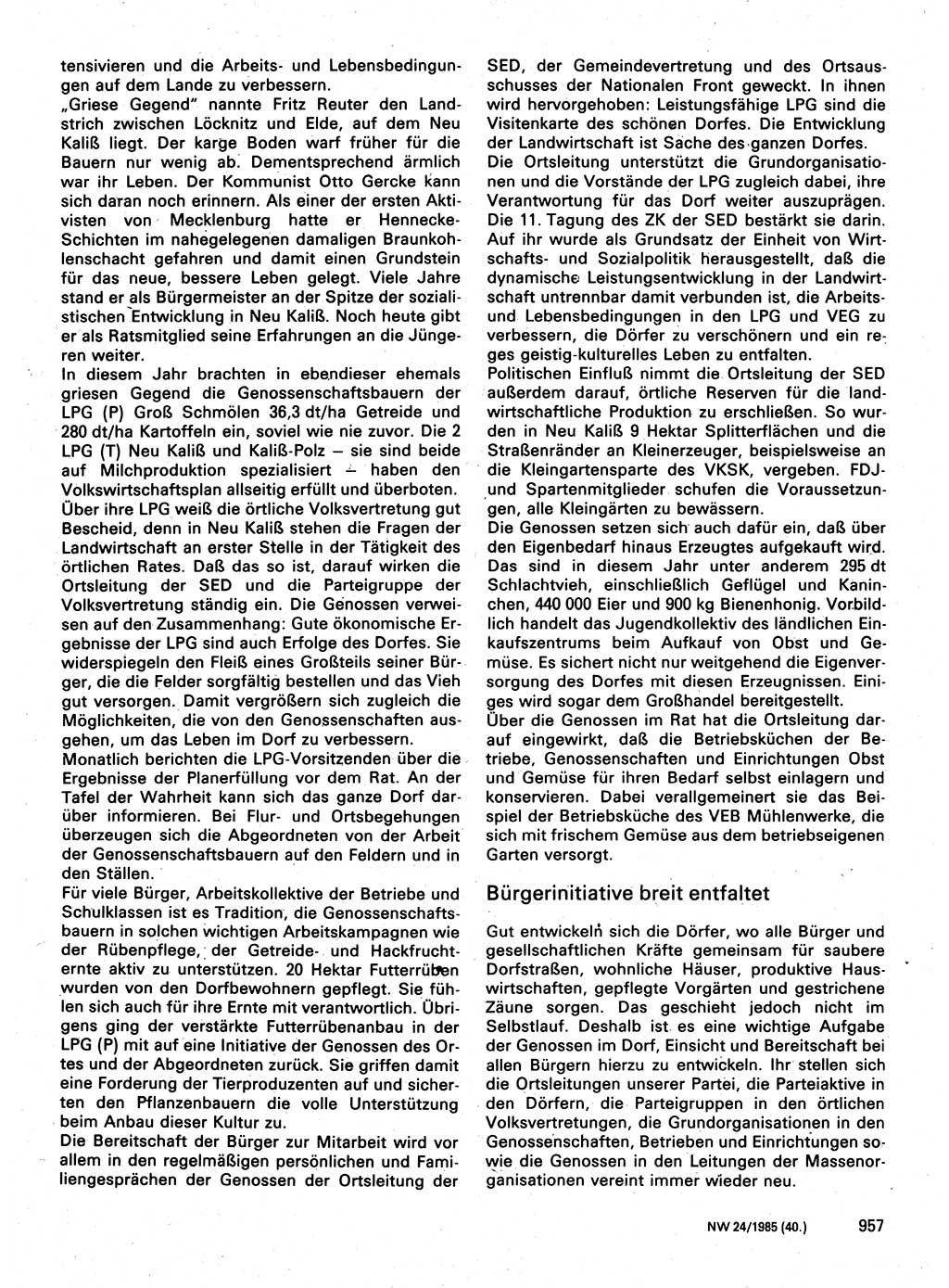 Neuer Weg (NW), Organ des Zentralkomitees (ZK) der SED (Sozialistische Einheitspartei Deutschlands) für Fragen des Parteilebens, 40. Jahrgang [Deutsche Demokratische Republik (DDR)] 1985, Seite 957 (NW ZK SED DDR 1985, S. 957)