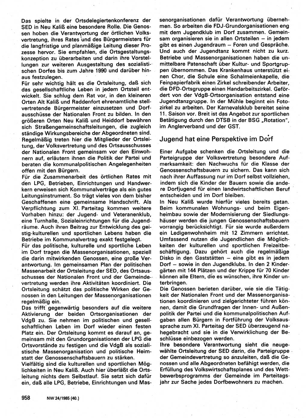 Neuer Weg (NW), Organ des Zentralkomitees (ZK) der SED (Sozialistische Einheitspartei Deutschlands) für Fragen des Parteilebens, 40. Jahrgang [Deutsche Demokratische Republik (DDR)] 1985, Seite 958 (NW ZK SED DDR 1985, S. 958)