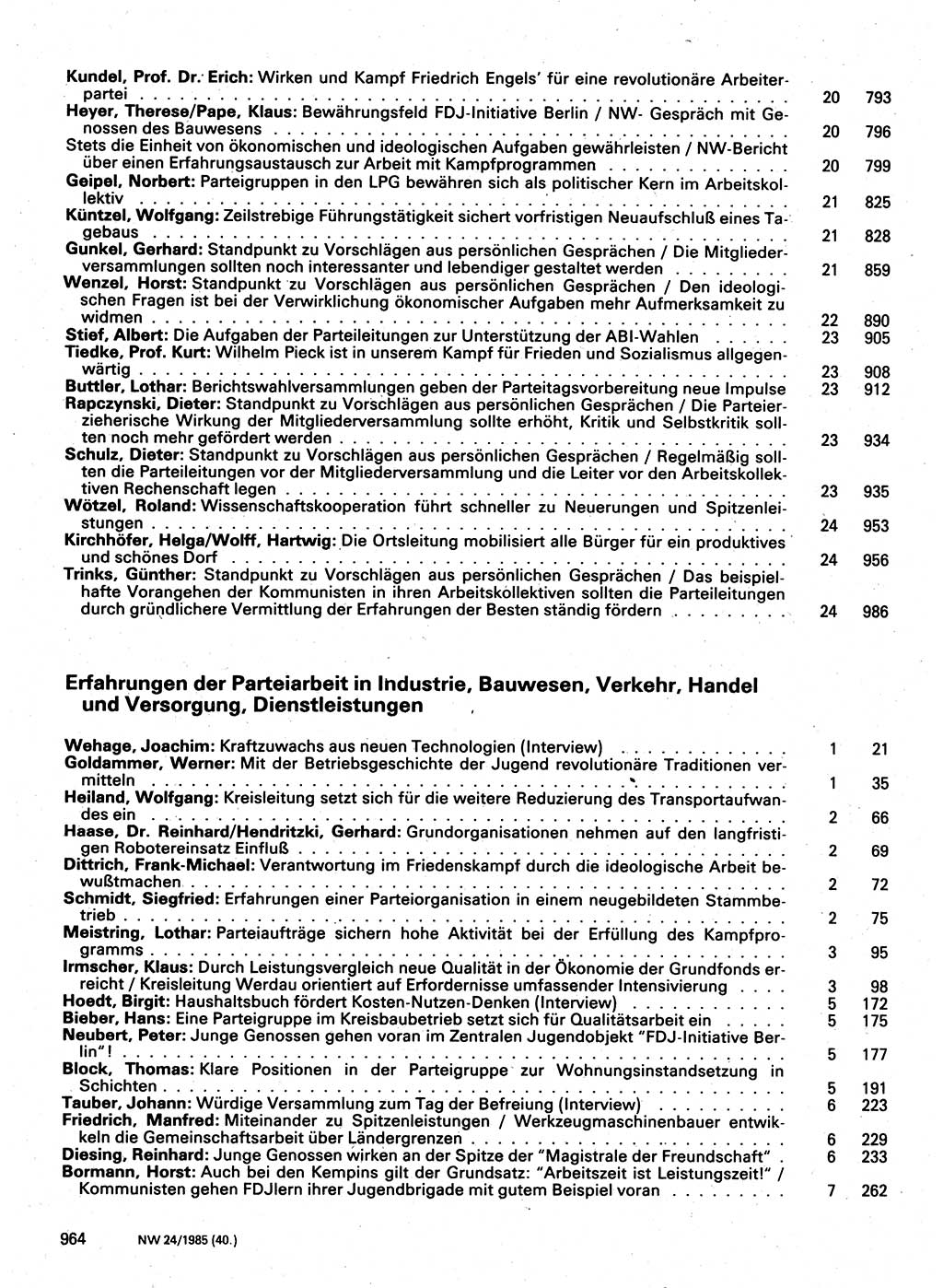 Neuer Weg (NW), Organ des Zentralkomitees (ZK) der SED (Sozialistische Einheitspartei Deutschlands) für Fragen des Parteilebens, 40. Jahrgang [Deutsche Demokratische Republik (DDR)] 1985, Seite 964 (NW ZK SED DDR 1985, S. 964)
