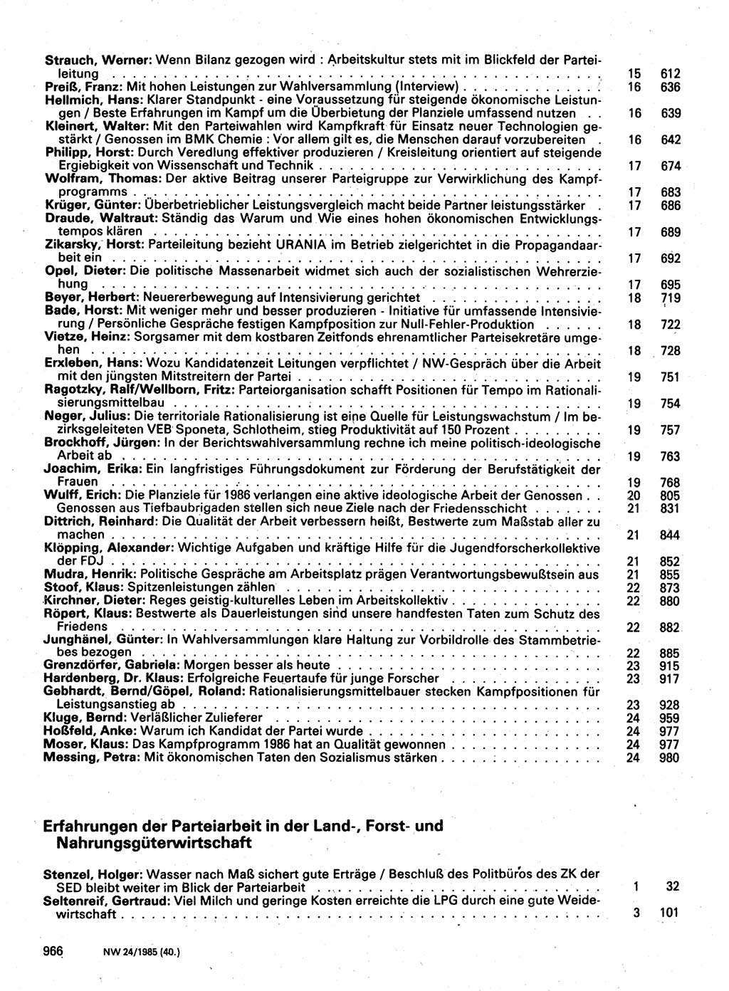 Neuer Weg (NW), Organ des Zentralkomitees (ZK) der SED (Sozialistische Einheitspartei Deutschlands) für Fragen des Parteilebens, 40. Jahrgang [Deutsche Demokratische Republik (DDR)] 1985, Seite 966 (NW ZK SED DDR 1985, S. 966)