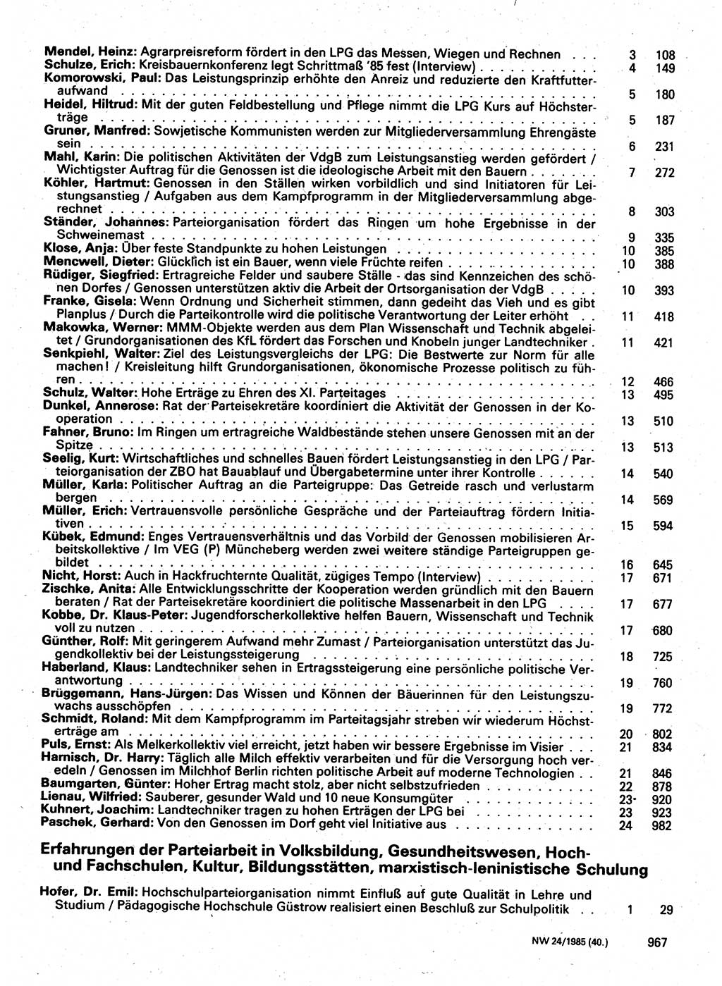 Neuer Weg (NW), Organ des Zentralkomitees (ZK) der SED (Sozialistische Einheitspartei Deutschlands) für Fragen des Parteilebens, 40. Jahrgang [Deutsche Demokratische Republik (DDR)] 1985, Seite 967 (NW ZK SED DDR 1985, S. 967)