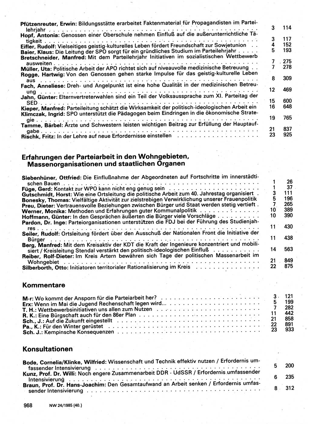 Neuer Weg (NW), Organ des Zentralkomitees (ZK) der SED (Sozialistische Einheitspartei Deutschlands) für Fragen des Parteilebens, 40. Jahrgang [Deutsche Demokratische Republik (DDR)] 1985, Seite 968 (NW ZK SED DDR 1985, S. 968)