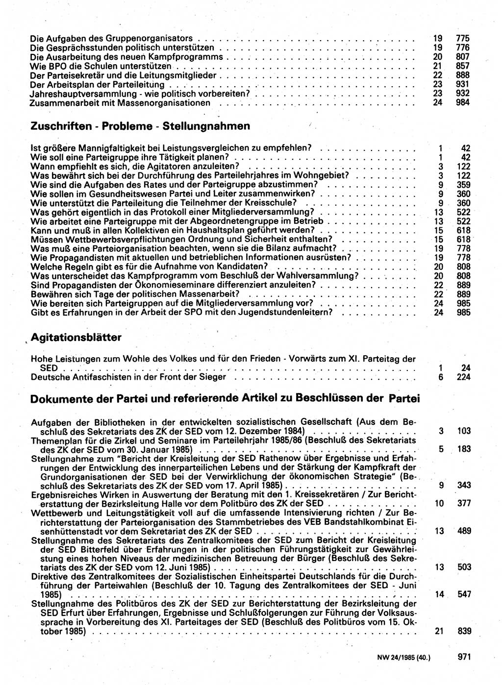 Neuer Weg (NW), Organ des Zentralkomitees (ZK) der SED (Sozialistische Einheitspartei Deutschlands) für Fragen des Parteilebens, 40. Jahrgang [Deutsche Demokratische Republik (DDR)] 1985, Seite 971 (NW ZK SED DDR 1985, S. 971)