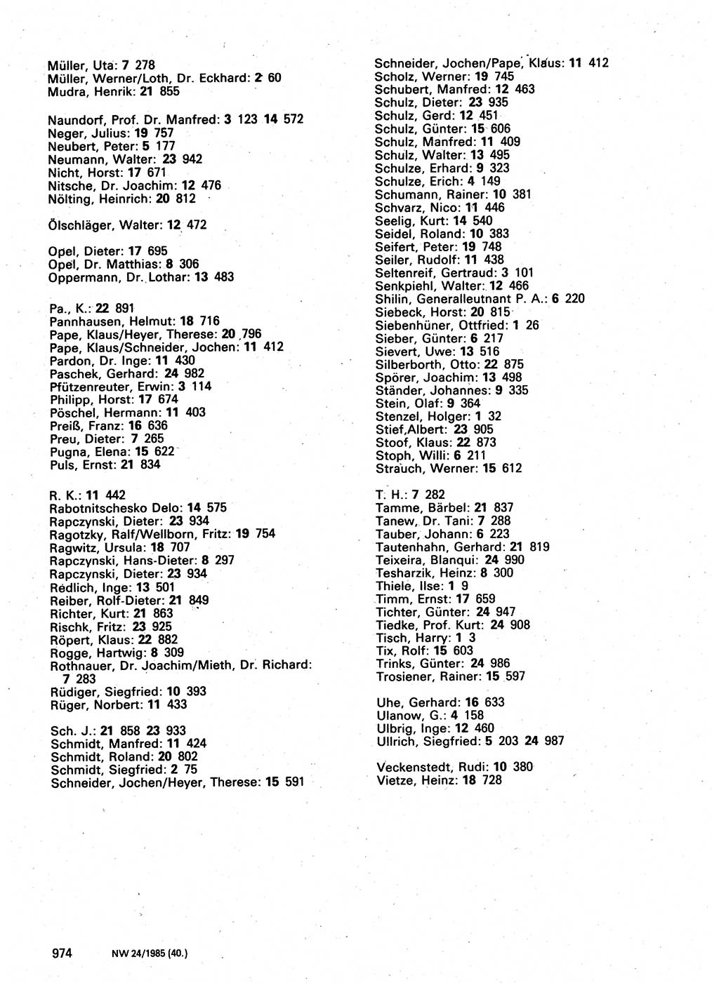 Neuer Weg (NW), Organ des Zentralkomitees (ZK) der SED (Sozialistische Einheitspartei Deutschlands) für Fragen des Parteilebens, 40. Jahrgang [Deutsche Demokratische Republik (DDR)] 1985, Seite 974 (NW ZK SED DDR 1985, S. 974)