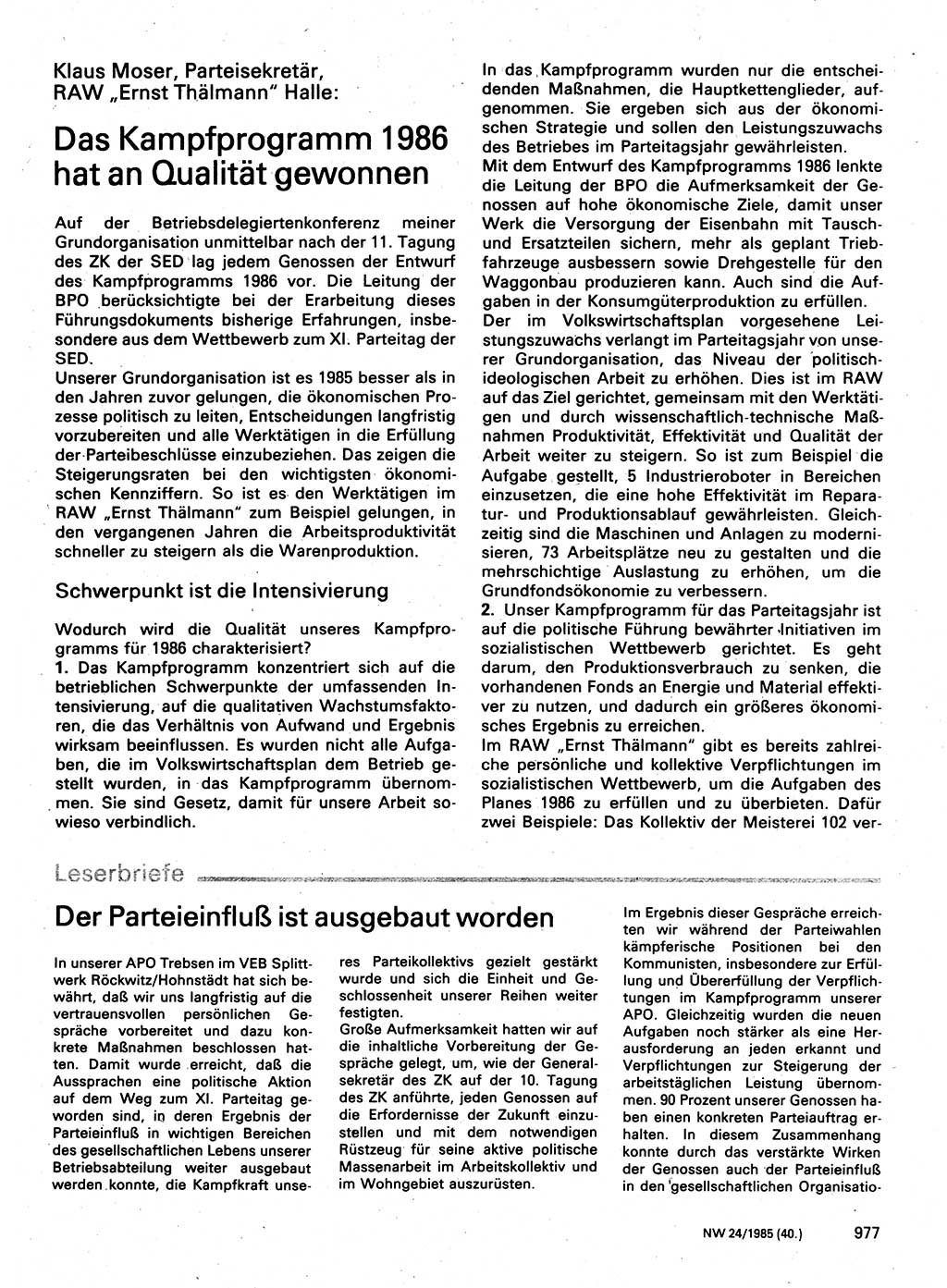 Neuer Weg (NW), Organ des Zentralkomitees (ZK) der SED (Sozialistische Einheitspartei Deutschlands) für Fragen des Parteilebens, 40. Jahrgang [Deutsche Demokratische Republik (DDR)] 1985, Seite 977 (NW ZK SED DDR 1985, S. 977)