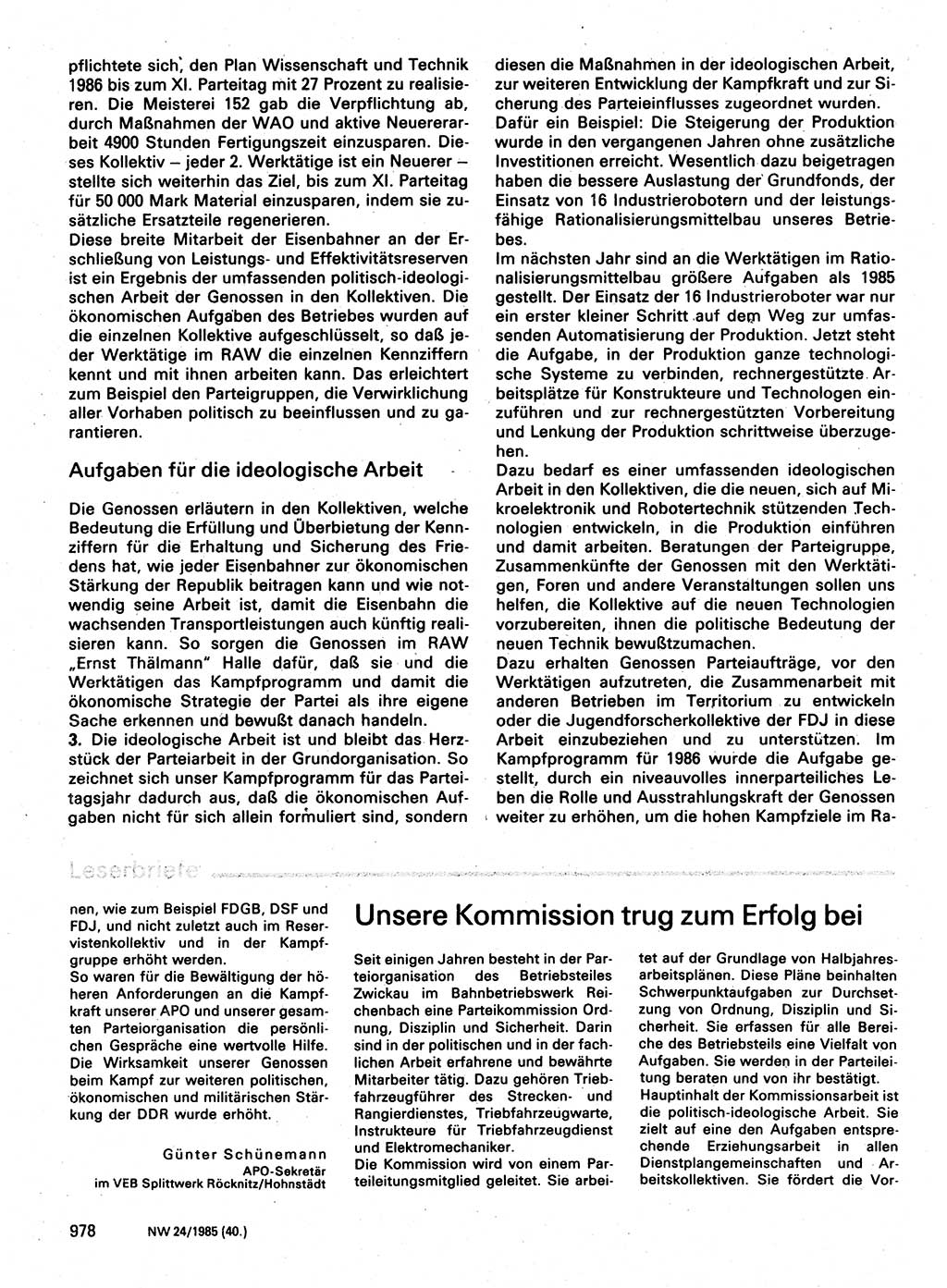 Neuer Weg (NW), Organ des Zentralkomitees (ZK) der SED (Sozialistische Einheitspartei Deutschlands) für Fragen des Parteilebens, 40. Jahrgang [Deutsche Demokratische Republik (DDR)] 1985, Seite 978 (NW ZK SED DDR 1985, S. 978)