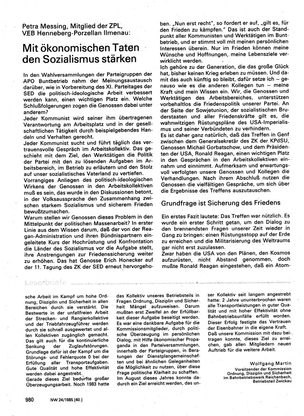 Neuer Weg (NW), Organ des Zentralkomitees (ZK) der SED (Sozialistische Einheitspartei Deutschlands) für Fragen des Parteilebens, 40. Jahrgang [Deutsche Demokratische Republik (DDR)] 1985, Seite 980 (NW ZK SED DDR 1985, S. 980)