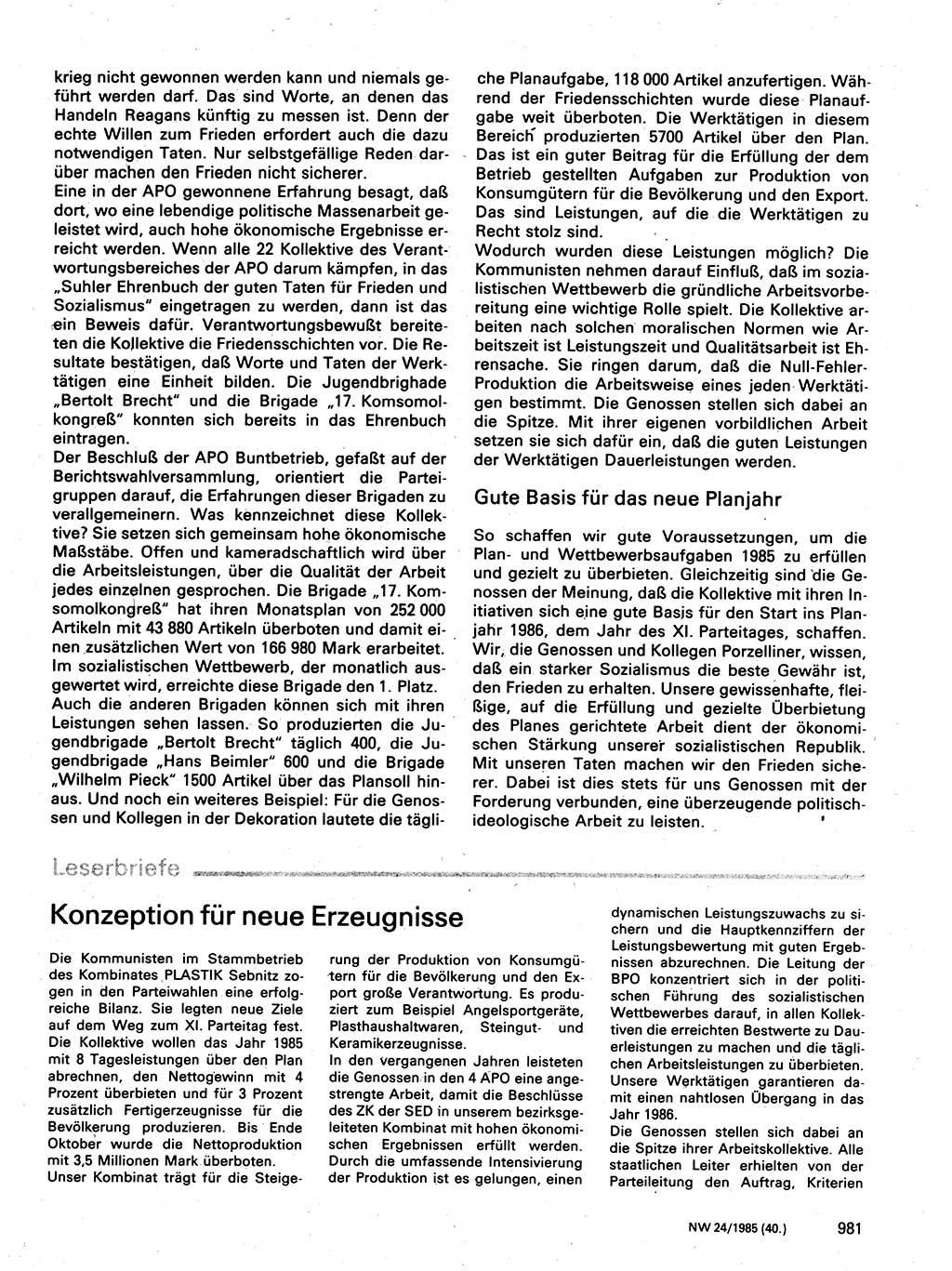 Neuer Weg (NW), Organ des Zentralkomitees (ZK) der SED (Sozialistische Einheitspartei Deutschlands) fÃ¼r Fragen des Parteilebens, 40. Jahrgang [Deutsche Demokratische Republik (DDR)] 1985, Seite 981 (NW ZK SED DDR 1985, S. 981)