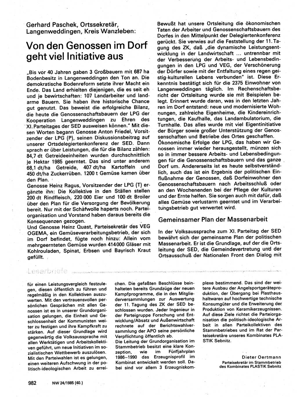 Neuer Weg (NW), Organ des Zentralkomitees (ZK) der SED (Sozialistische Einheitspartei Deutschlands) für Fragen des Parteilebens, 40. Jahrgang [Deutsche Demokratische Republik (DDR)] 1985, Seite 982 (NW ZK SED DDR 1985, S. 982)