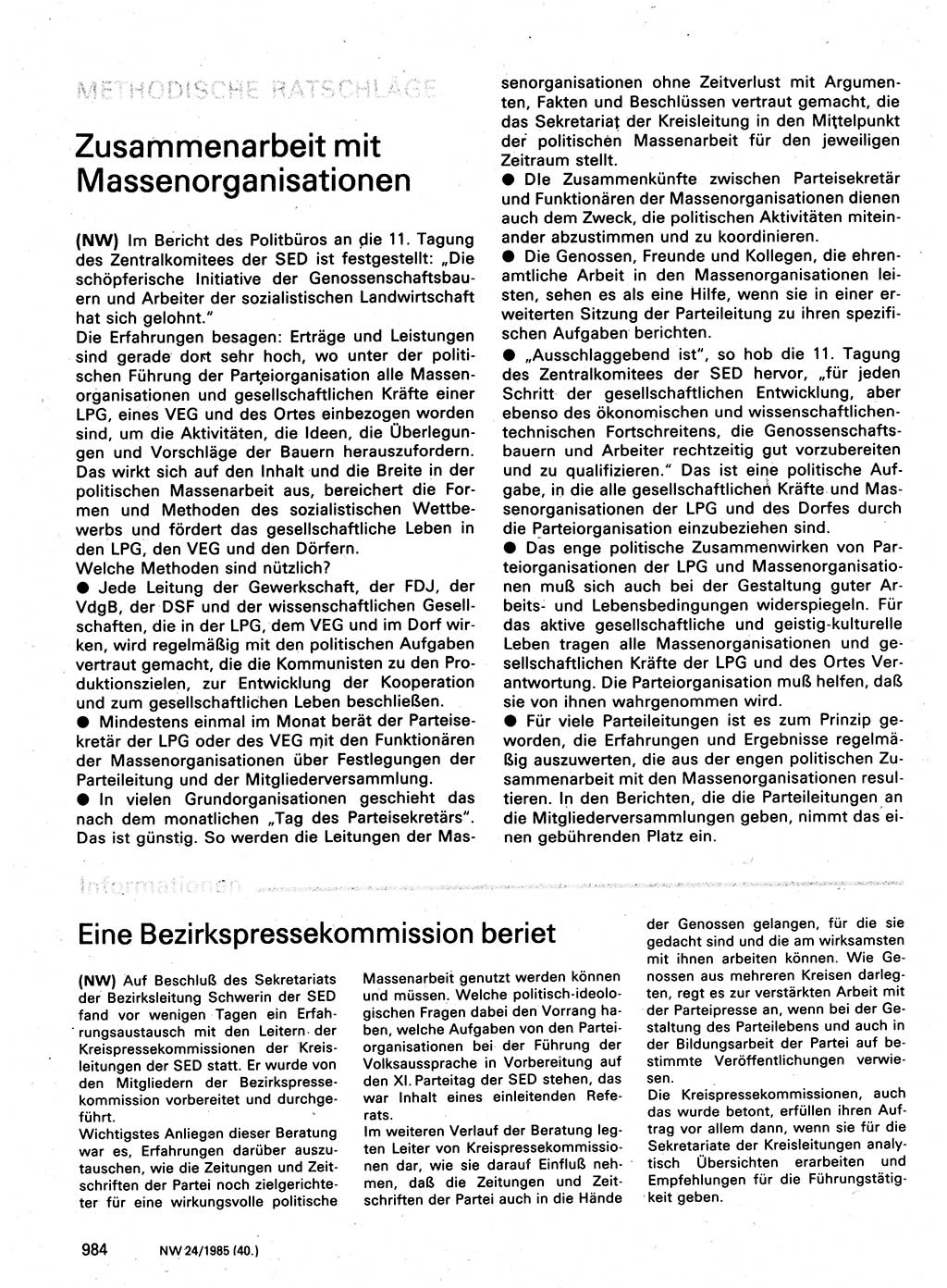 Neuer Weg (NW), Organ des Zentralkomitees (ZK) der SED (Sozialistische Einheitspartei Deutschlands) für Fragen des Parteilebens, 40. Jahrgang [Deutsche Demokratische Republik (DDR)] 1985, Seite 984 (NW ZK SED DDR 1985, S. 984)