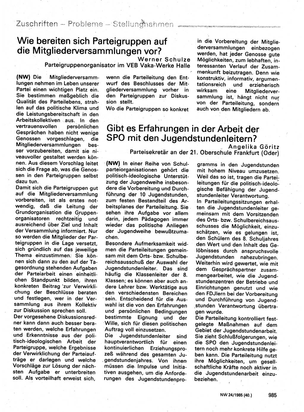 Neuer Weg (NW), Organ des Zentralkomitees (ZK) der SED (Sozialistische Einheitspartei Deutschlands) für Fragen des Parteilebens, 40. Jahrgang [Deutsche Demokratische Republik (DDR)] 1985, Seite 985 (NW ZK SED DDR 1985, S. 985)