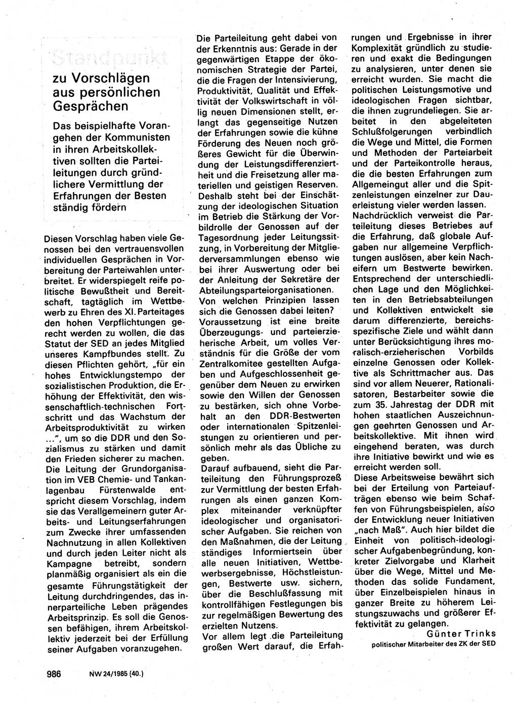 Neuer Weg (NW), Organ des Zentralkomitees (ZK) der SED (Sozialistische Einheitspartei Deutschlands) für Fragen des Parteilebens, 40. Jahrgang [Deutsche Demokratische Republik (DDR)] 1985, Seite 986 (NW ZK SED DDR 1985, S. 986)