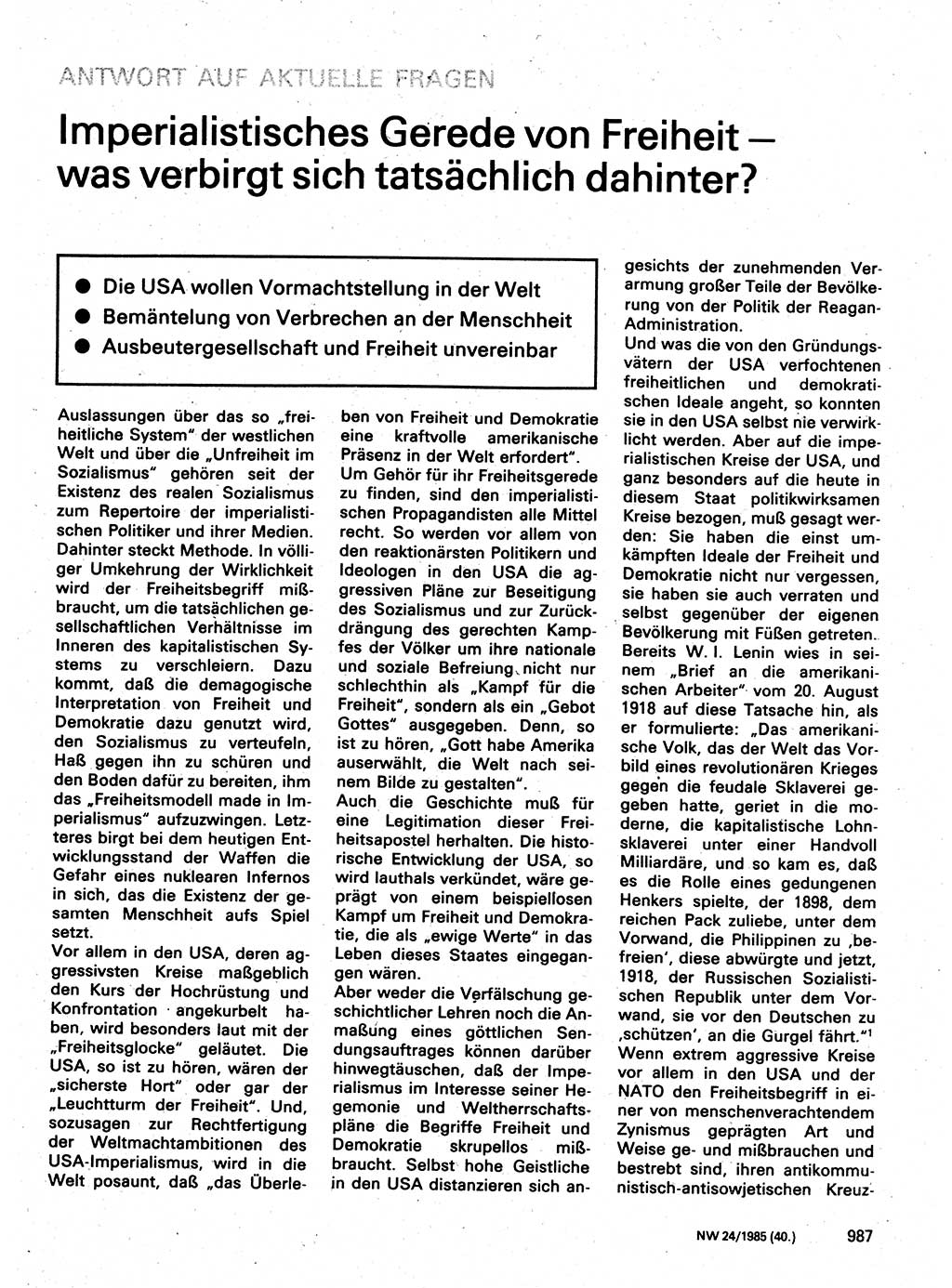 Neuer Weg (NW), Organ des Zentralkomitees (ZK) der SED (Sozialistische Einheitspartei Deutschlands) für Fragen des Parteilebens, 40. Jahrgang [Deutsche Demokratische Republik (DDR)] 1985, Seite 987 (NW ZK SED DDR 1985, S. 987)